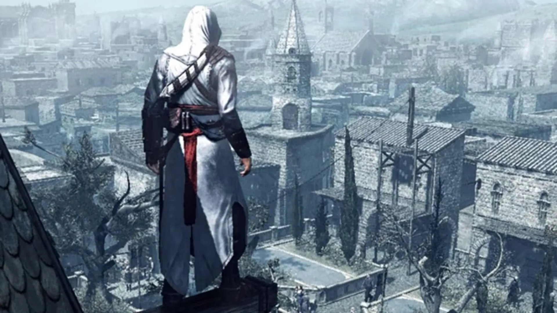 Altaïr ẩn mình giữa đám đông trong Assassin's Creed, minh họa cơ chế hòa nhập và tàng hình độc đáo của game trong bối cảnh lịch sử.