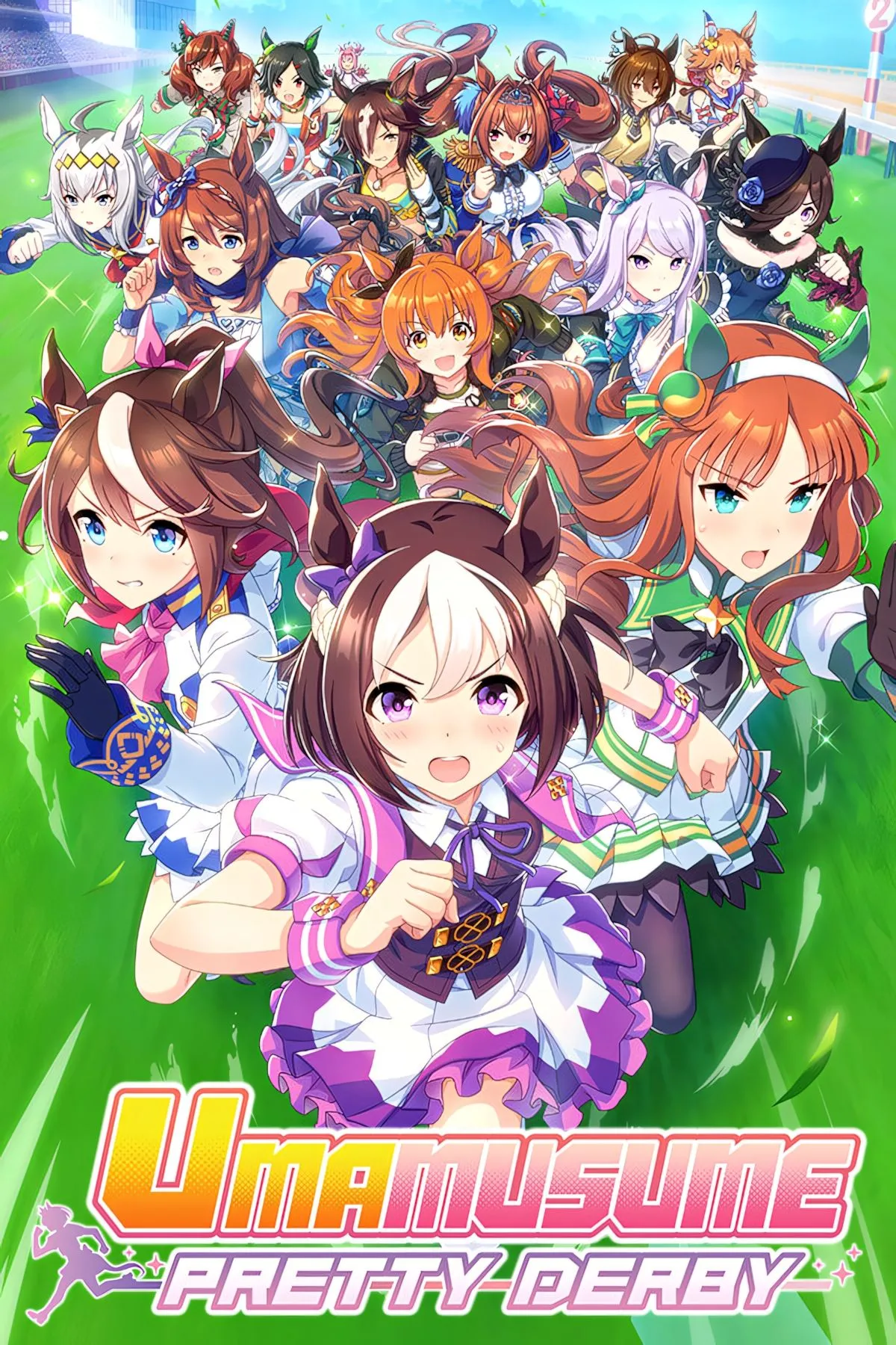 Ảnh bìa chính của game Umamusume: Pretty Derby với các cô gái ngựa anime đầy màu sắc đang chạy đua.