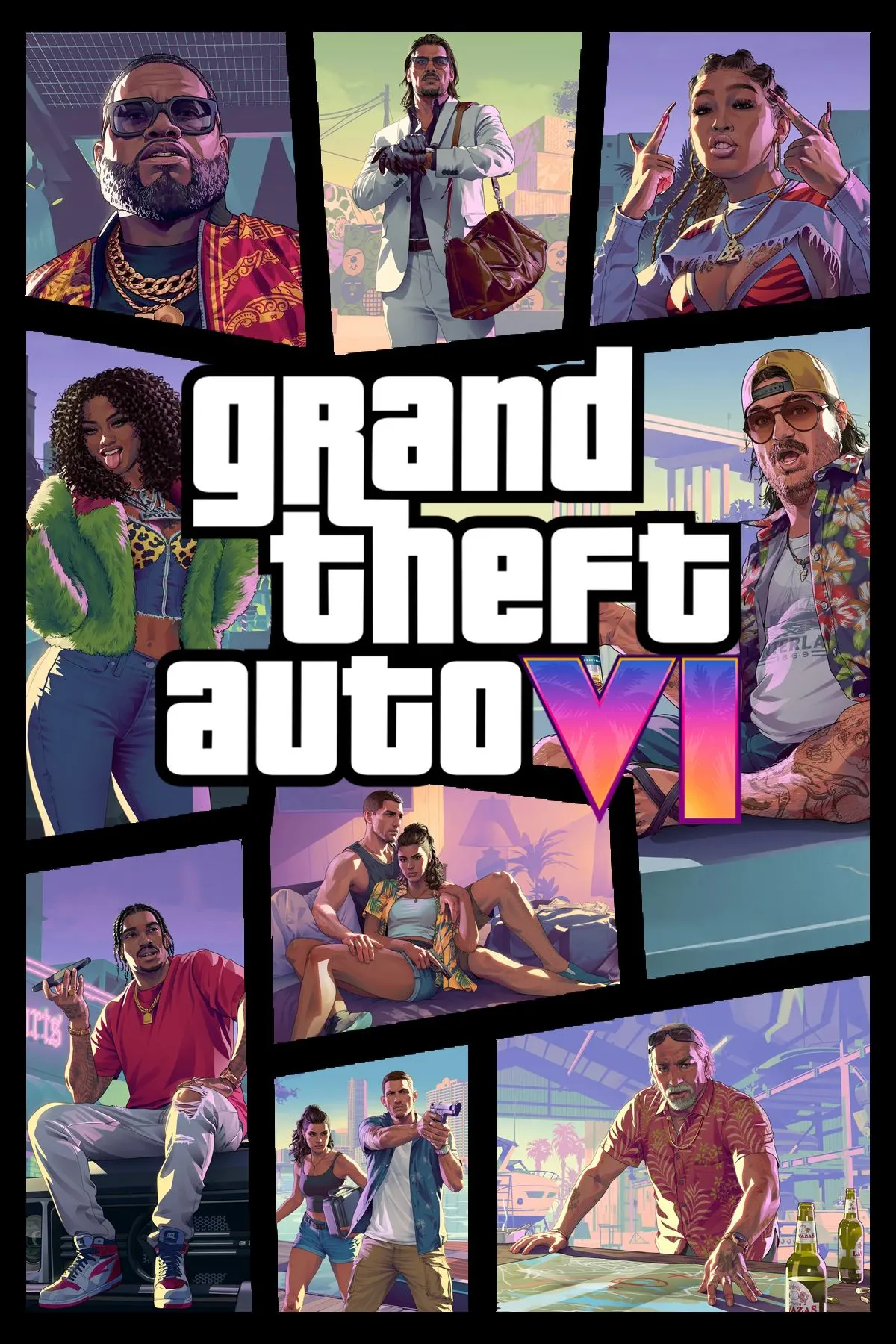 Ảnh bìa chính thức của GTA 6 với Lucia và Jason trên nền trời Vice City