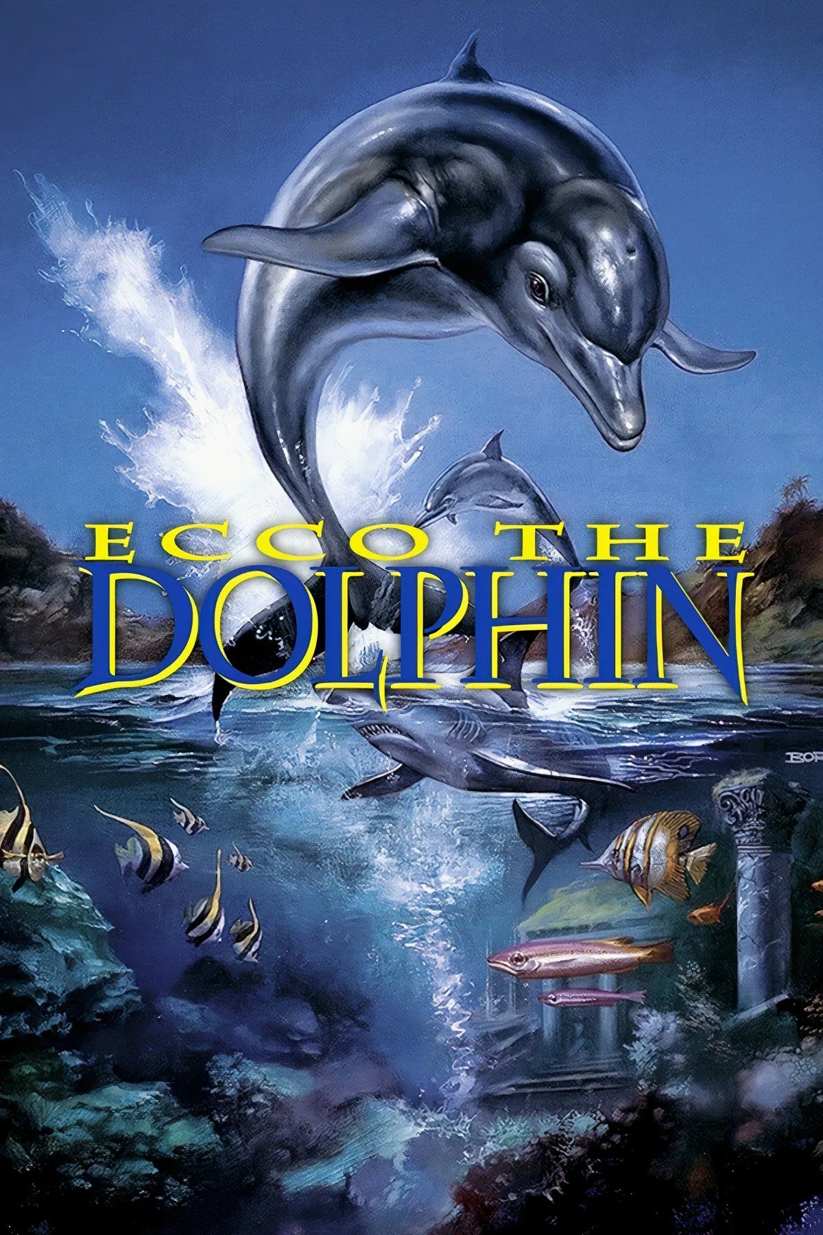Ảnh bìa game Ecco the Dolphin ra mắt năm 1992 trên Sega Genesis, minh họa chú cá heo Ecco bơi giữa đại dương xanh thẳm, biểu tượng cho hành trình bảo vệ môi trường biển