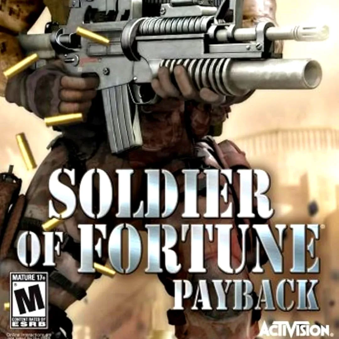 Ảnh bìa game Soldier of Fortune: Payback với nhân vật lính đánh thuê cầm súng, gợi hình ảnh về một tựa game bắn súng góc nhìn thứ nhất với hành động mạnh mẽ.