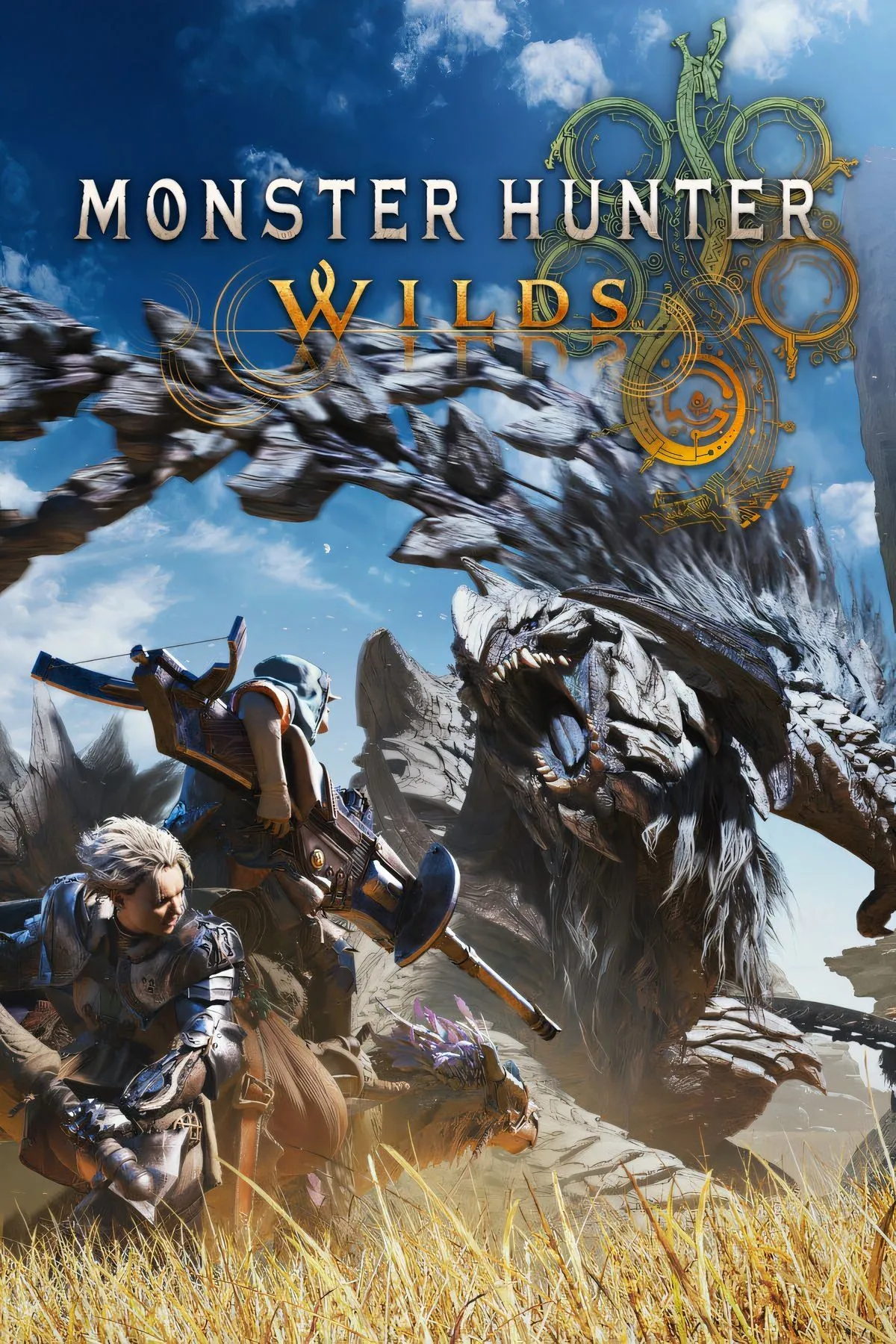 Ảnh bìa Monster Hunter Wilds thể hiện cảnh săn quái vật với chi tiết chân thực