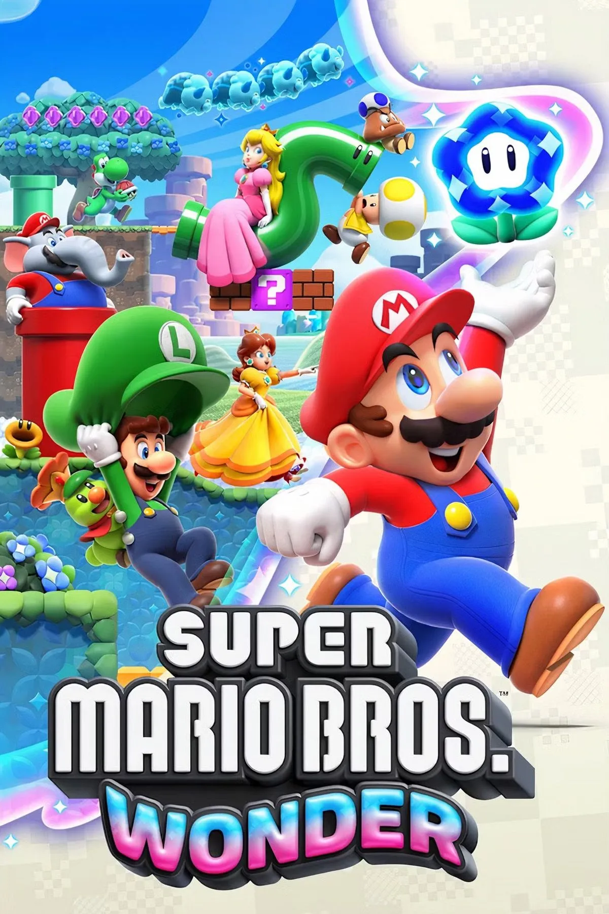 Ảnh bìa Super Mario Bros. Wonder với các nhân vật Mario, Luigi, Peach, Toad và Yoshi