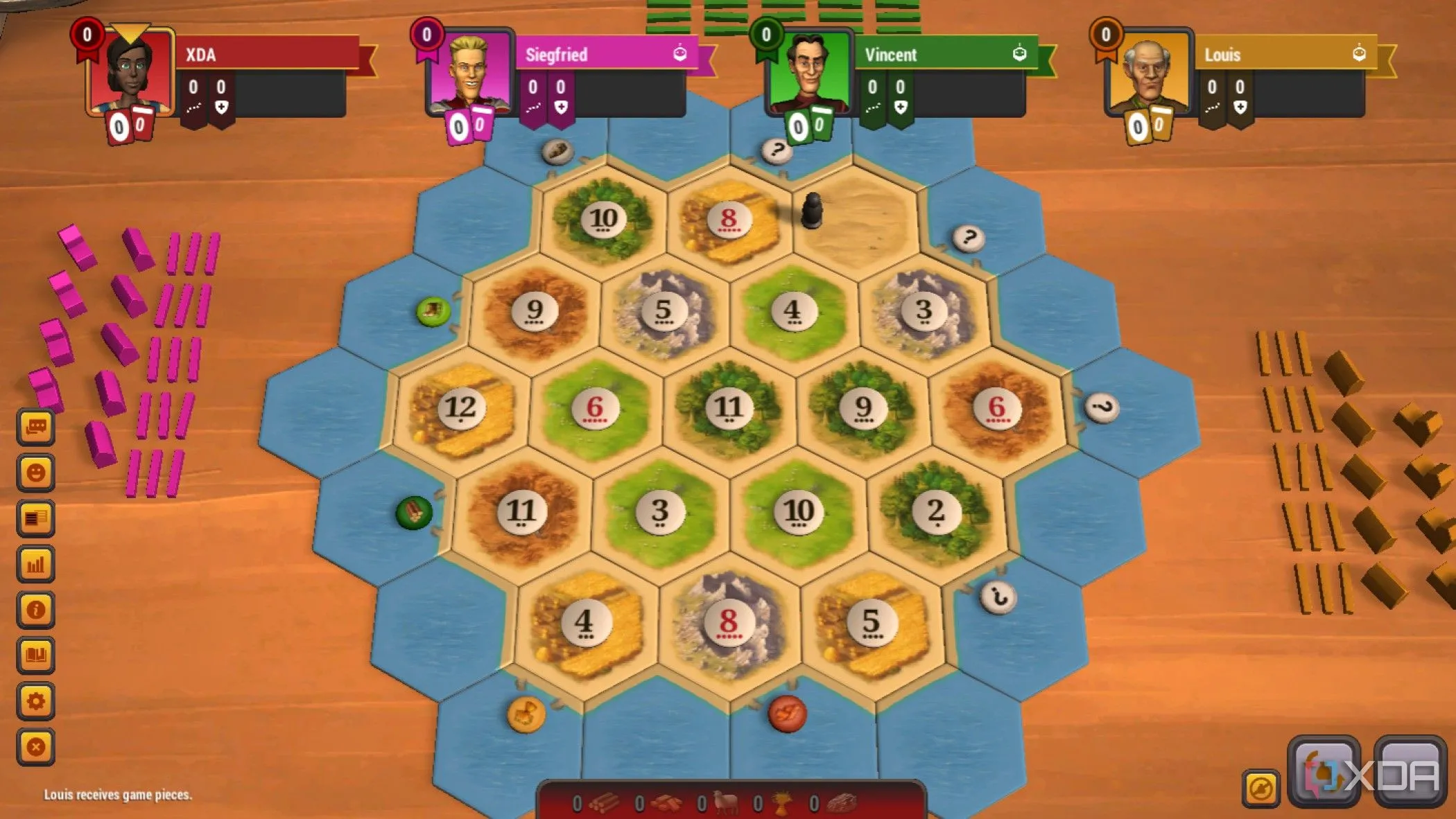 Ảnh chụp màn hình game Catan Universe với giao diện bản đồ quen thuộc của trò chơi Settlers of Catan