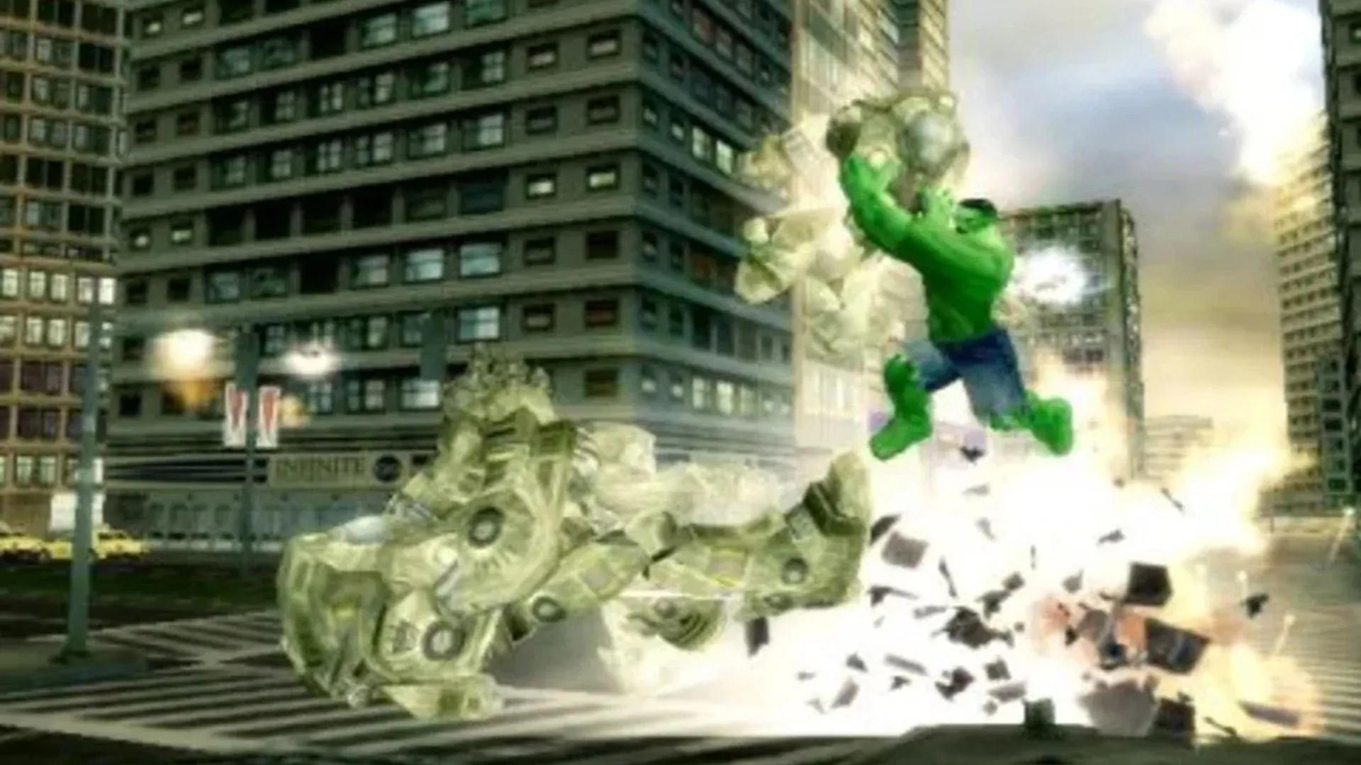 Ảnh chụp màn hình gameplay của The Incredible Hulk: Ultimate Destruction, thể hiện khả năng phá hủy môi trường trong game thế giới mở của Hulk