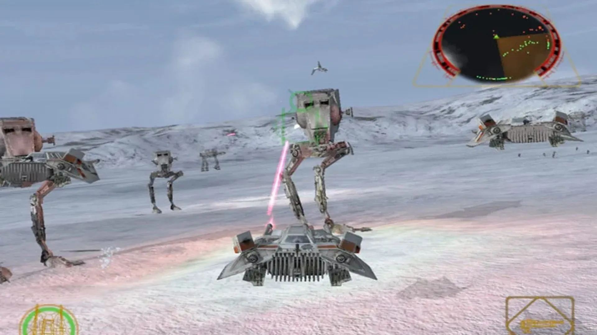 Ảnh chụp màn hình gameplay Star Wars Rogue Squadron II: Rogue Leader thể hiện trận chiến phi thuyền hoành tráng.