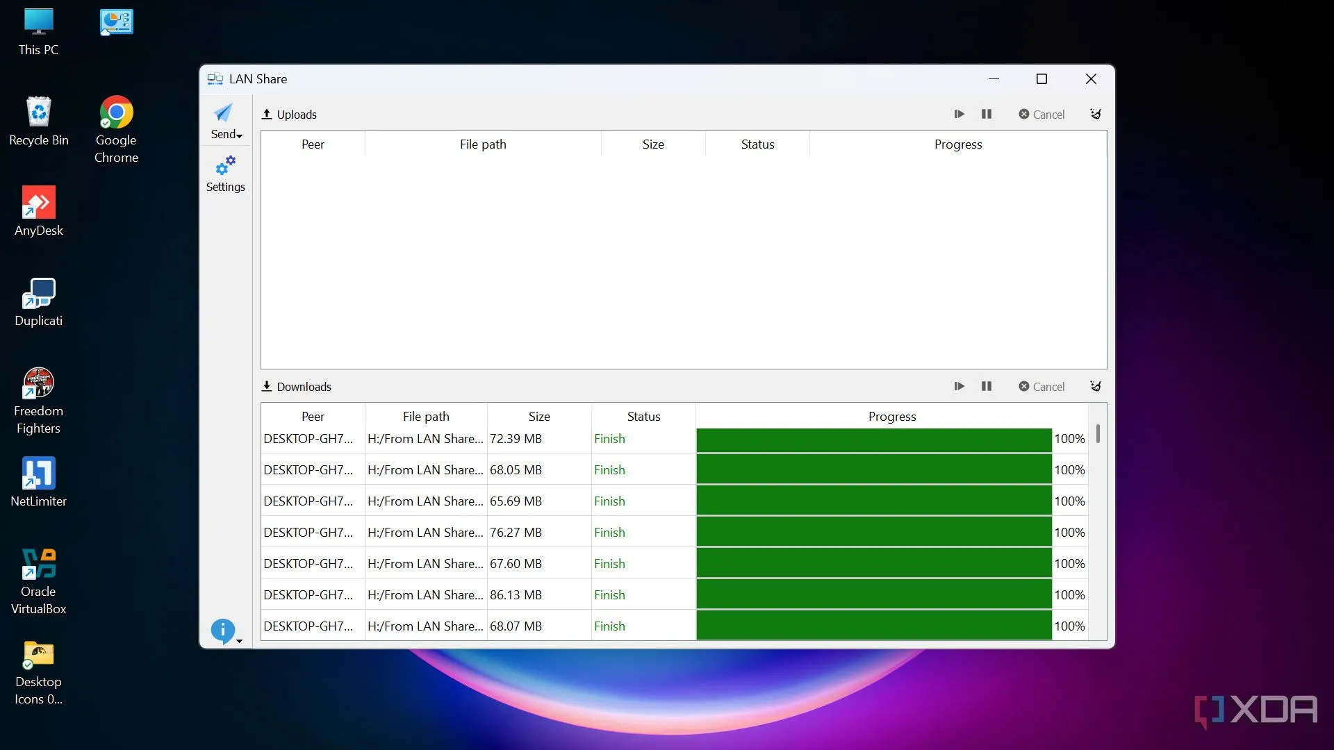 Ảnh chụp màn hình quá trình nhận dữ liệu 23 GB hoàn tất nhanh chóng qua LAN Share, minh chứng tốc độ chuyển file vượt trội.