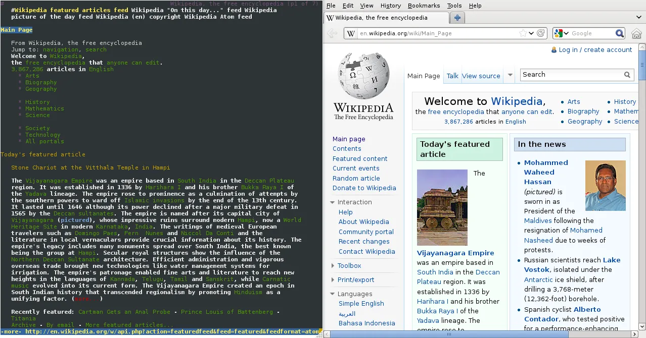 Ảnh chụp màn hình trình duyệt Lynx và Firefox hiển thị trang chủ Wikipedia cạnh nhau