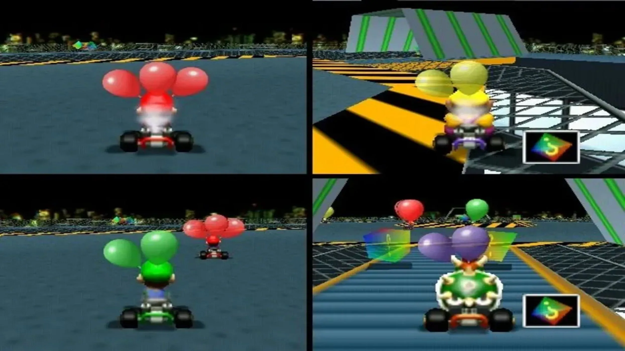 Ảnh chụp màn hình từ game Mario Kart 64, hiển thị lối chơi đua xe sôi động.