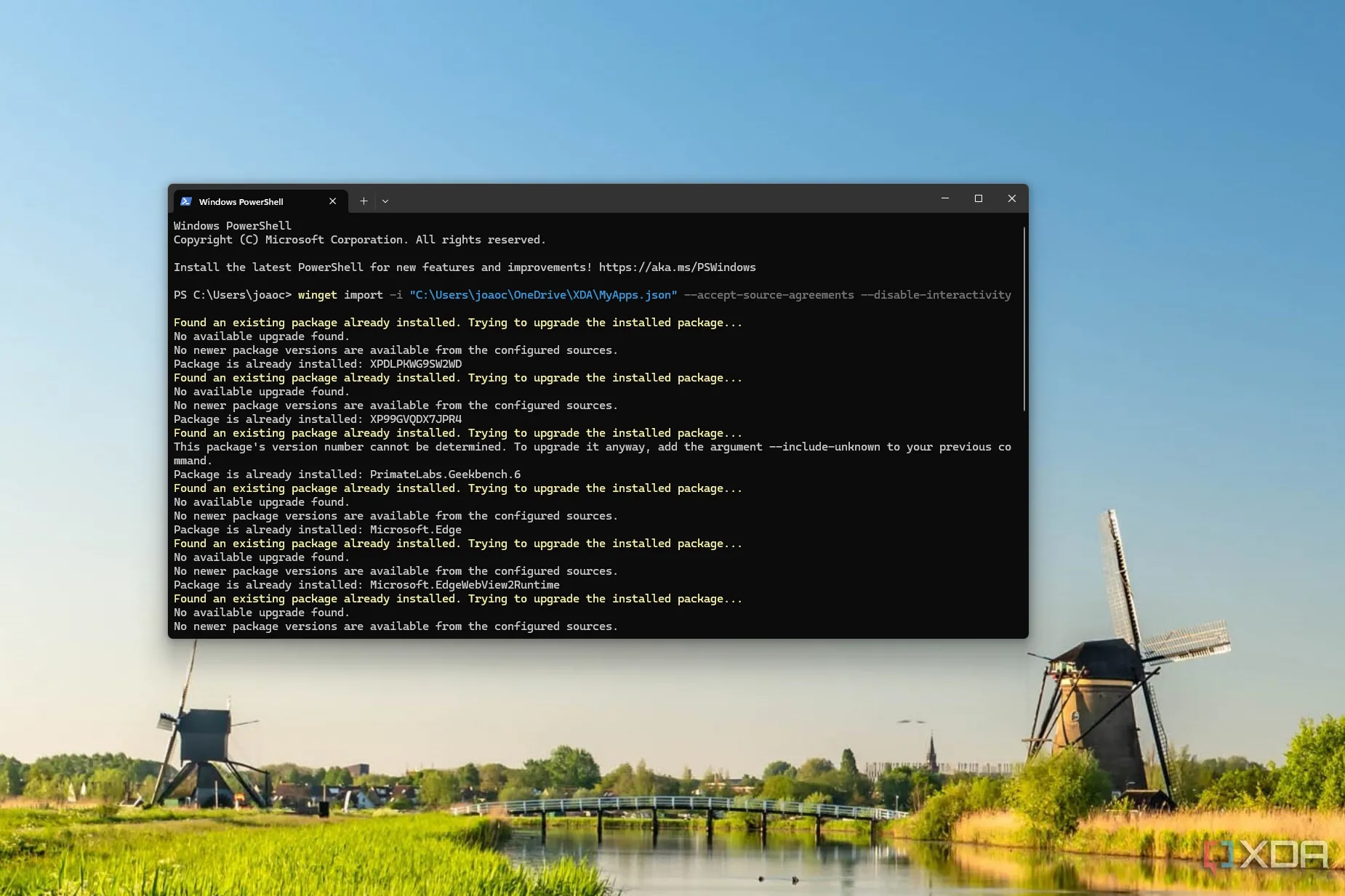 Ảnh chụp màn hình Windows Terminal đang thực hiện cài đặt ứng dụng từ một tệp sao lưu bằng Winget