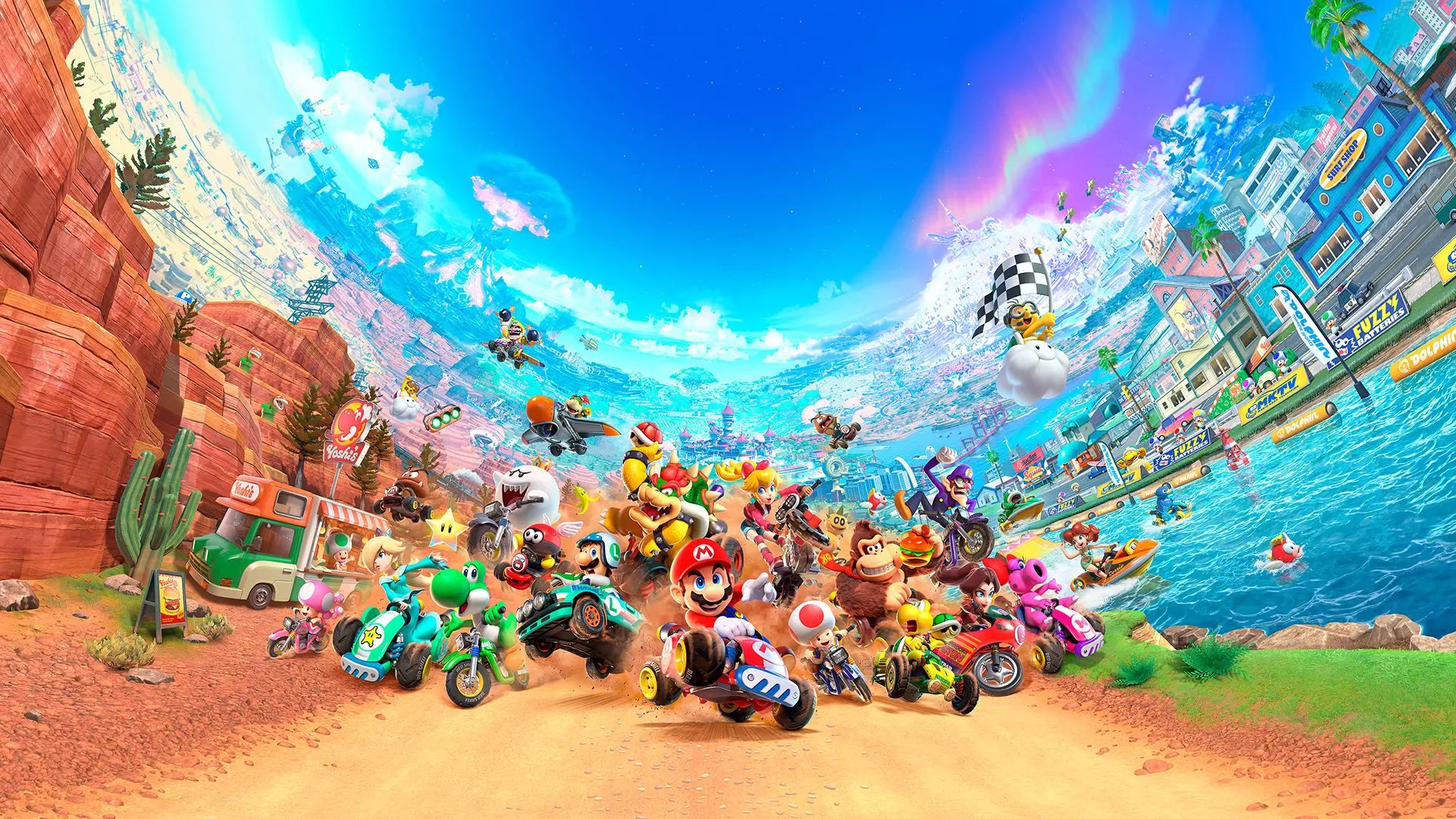 Ảnh quảng bá chính thức của tựa game Mario Kart World trên Nintendo Switch 2