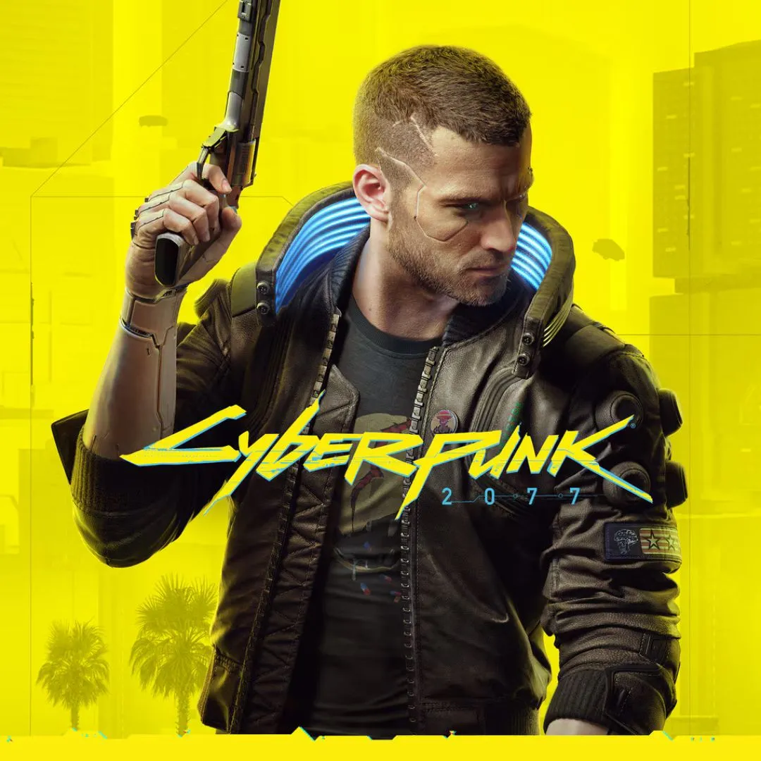 Ảnh sản phẩm game Cyberpunk 2077, cho thấy nhân vật chính V trong trang phục đậm chất cyberpunk, cầm súng lục trong bối cảnh Night City.
