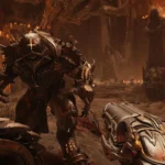 Ánh sáng xanh từ vết nứt và độ bóng trên súng trong Doom The Dark Ages với Path Tracing