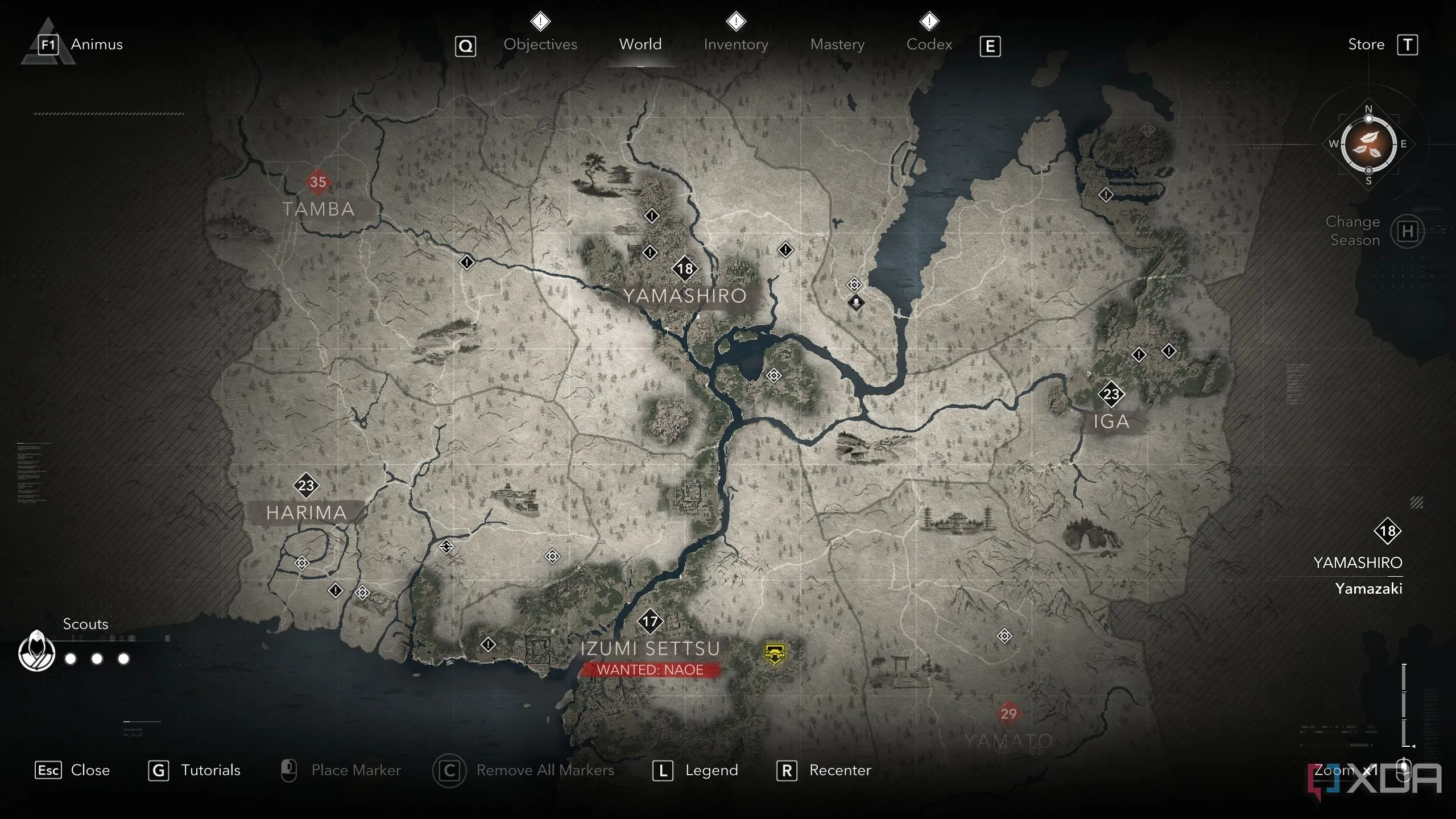 Bản đồ thế giới mở của Assassin's Creed Shadows hiển thị các điểm trinh sát và tài nguyên