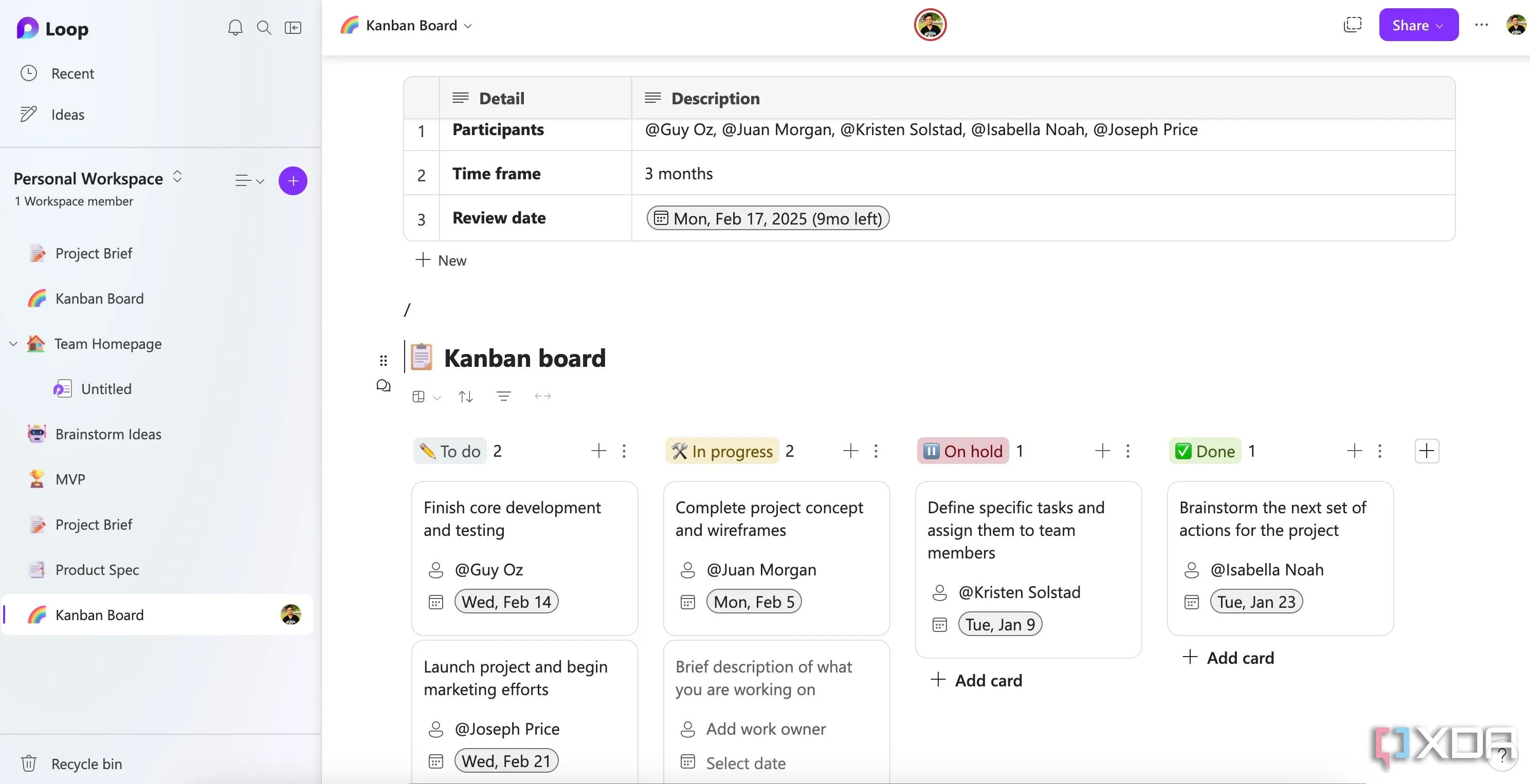 Bảng Kanban board trong Microsoft Loop, hiển thị các nhiệm vụ và tiến độ dự án cá nhân được sắp xếp gọn gàng