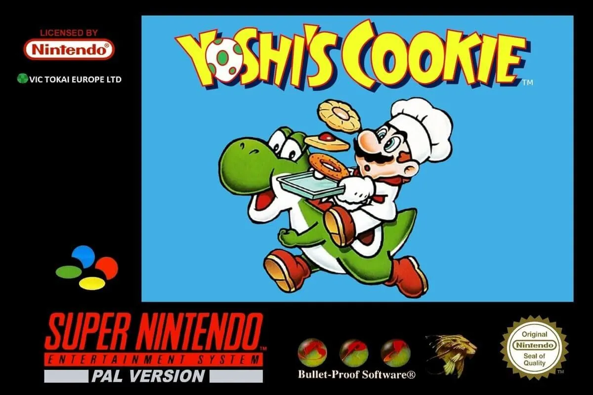 Bìa đĩa game Yoshi's Cookie phiên bản PAL trên SNES – Trò chơi xếp hình cùng Mario và Yoshi