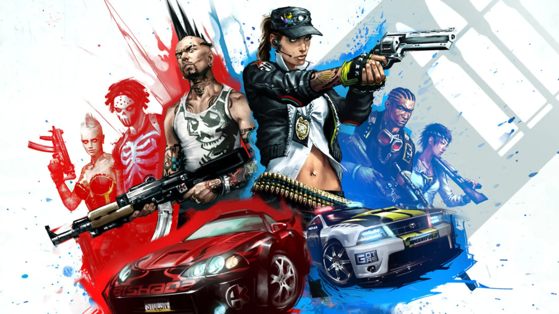 Bìa game APB All Points Bulletin với cảnh hỗn loạn đường phố giữa cảnh sát và tội phạm