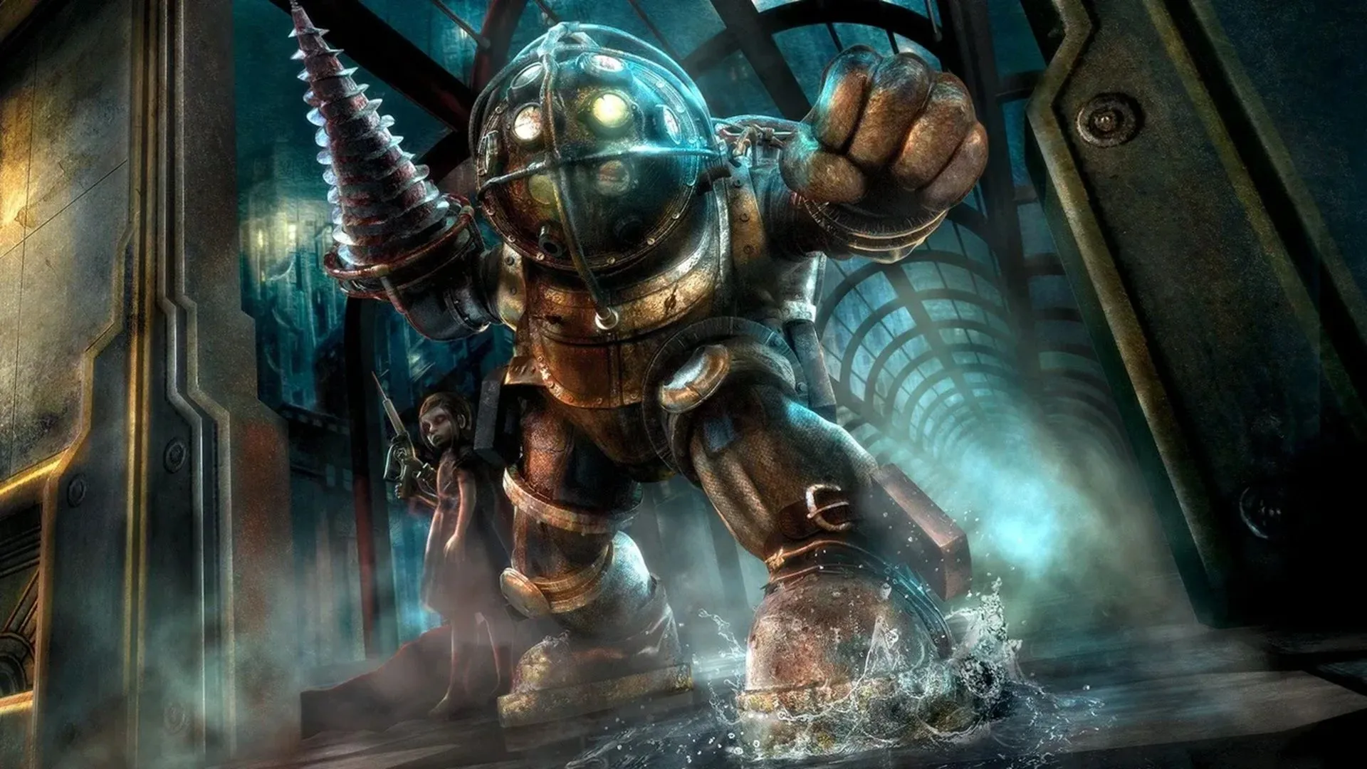 Bìa game BioShock trên Xbox 360, minh họa kiến trúc dưới đáy biển của thành phố Rapture và Big Daddy