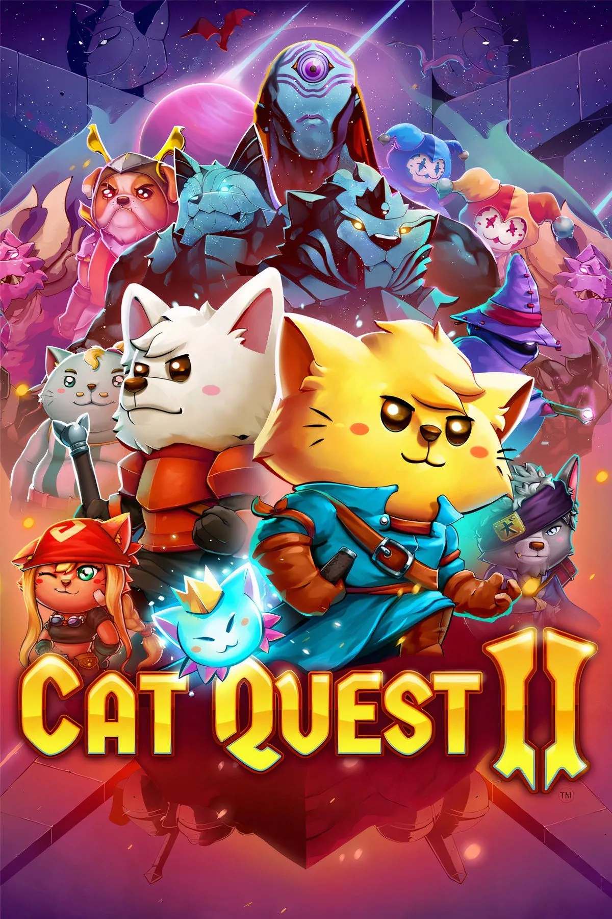 Bìa game Cat Quest II với hình ảnh mèo và chó cùng chiến đấu, biểu tượng cho tính năng co-op và cuộc phiêu lưu hai vị vua