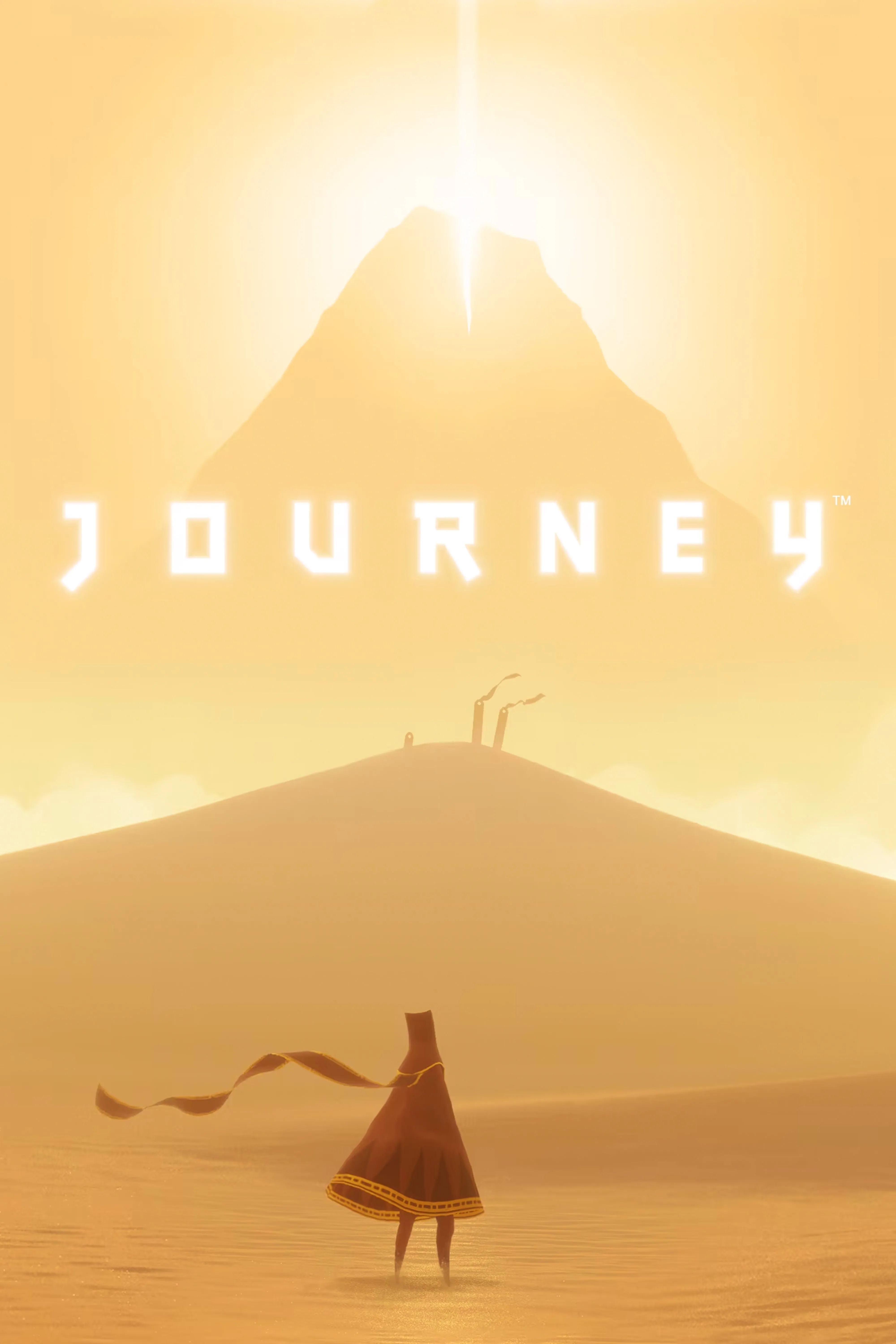Bìa game Journey với hình ảnh người chơi mặc áo choàng đỏ đứng giữa sa mạc rộng lớn, thể hiện phong cách nghệ thuật tối giản nhưng ngoạn mục