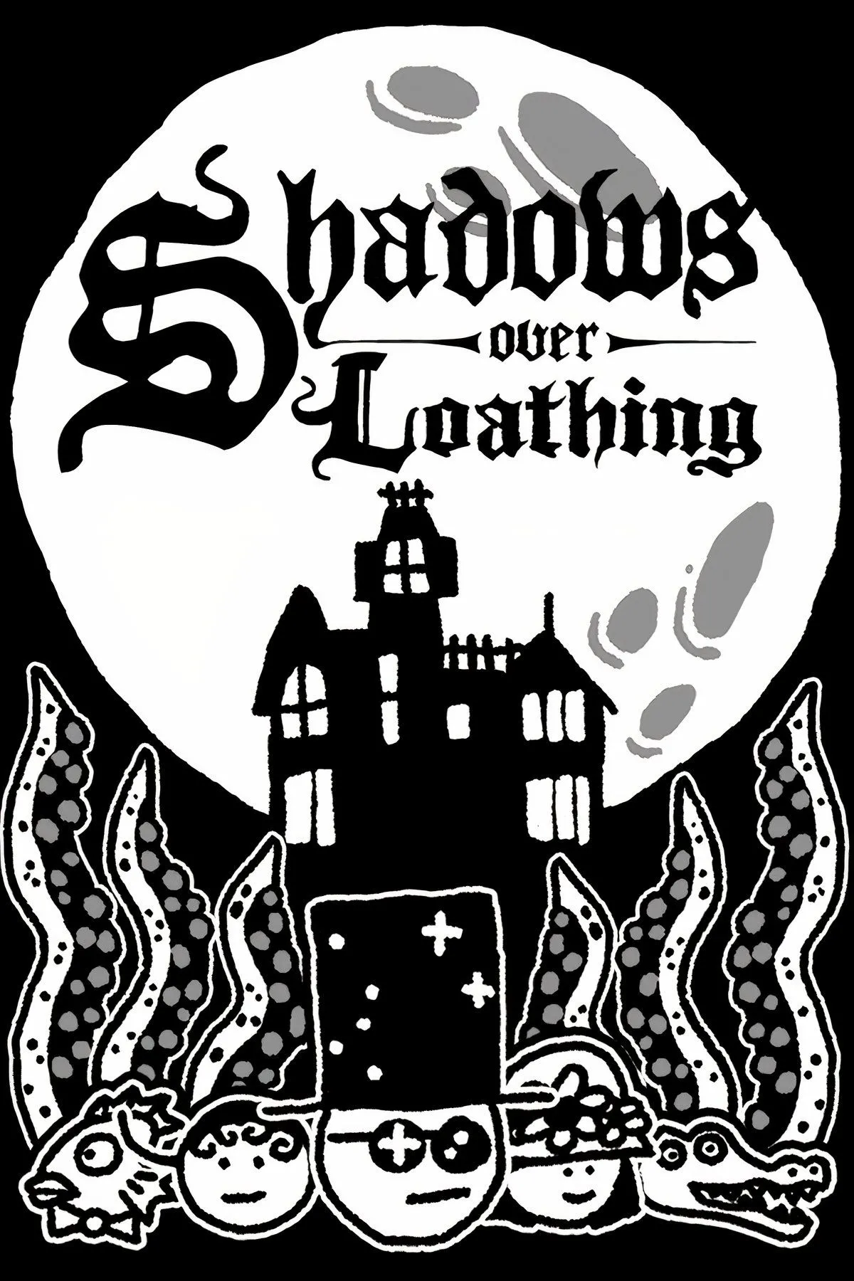 Bìa game Shadows Over Loathing với các nhân vật hình người que đen trắng trong một khung cảnh tối tăm, hài hước