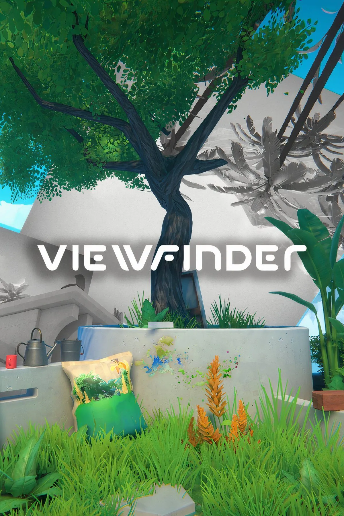 Bìa game Viewfinder với khung cảnh game biến đổi qua hình ảnh và bức tranh, thể hiện cơ chế gameplay và đồ họa độc đáo