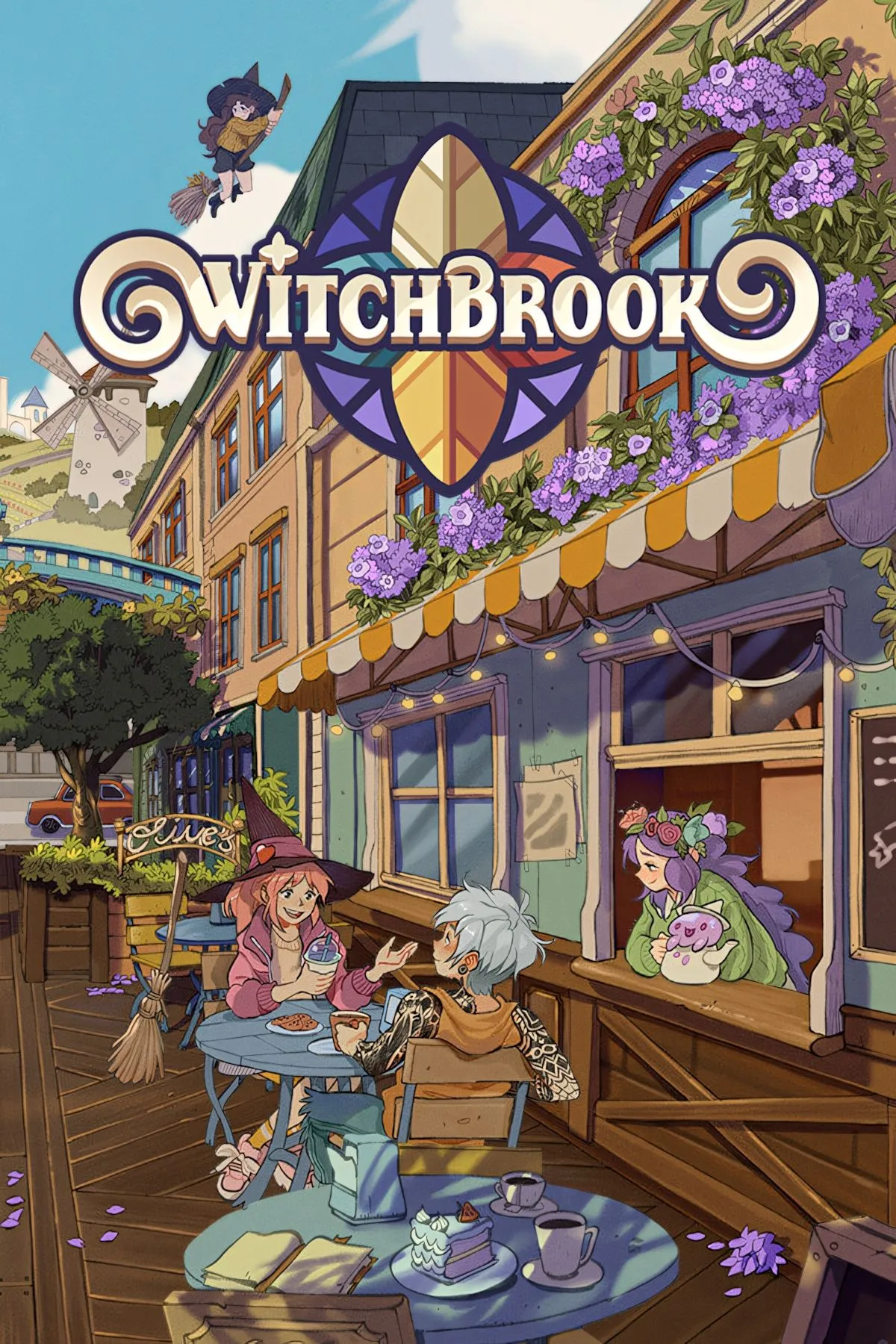 Bìa game Witchbrook với học viện phép thuật huyền bí, cảnh học sinh phù thủy và không khí ma thuật.