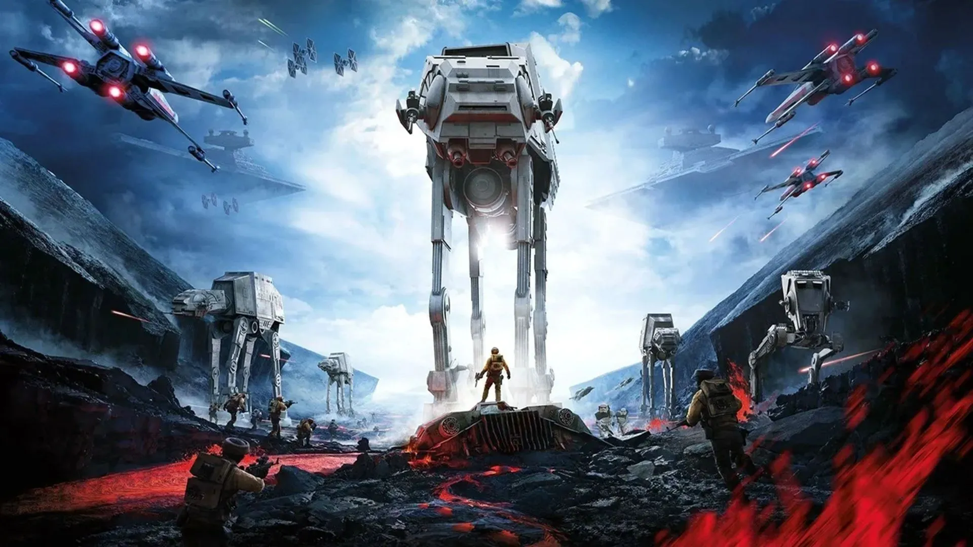 Bìa hộp game EA Star Wars Battlefront (2015) với hình ảnh Darth Vader và lính Stormtrooper trên hành tinh Hoth, biểu tượng cho trận chiến quy mô lớn.