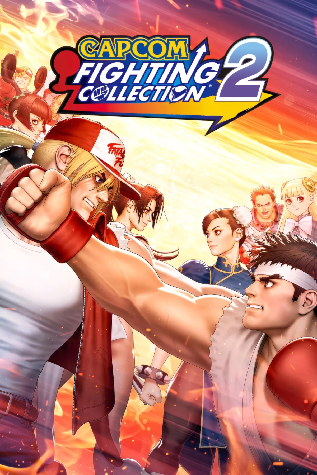 Bìa nghệ thuật chính của bộ sưu tập Capcom Fighting Collection 2, thể hiện sự đa dạng nhân vật game đối kháng.