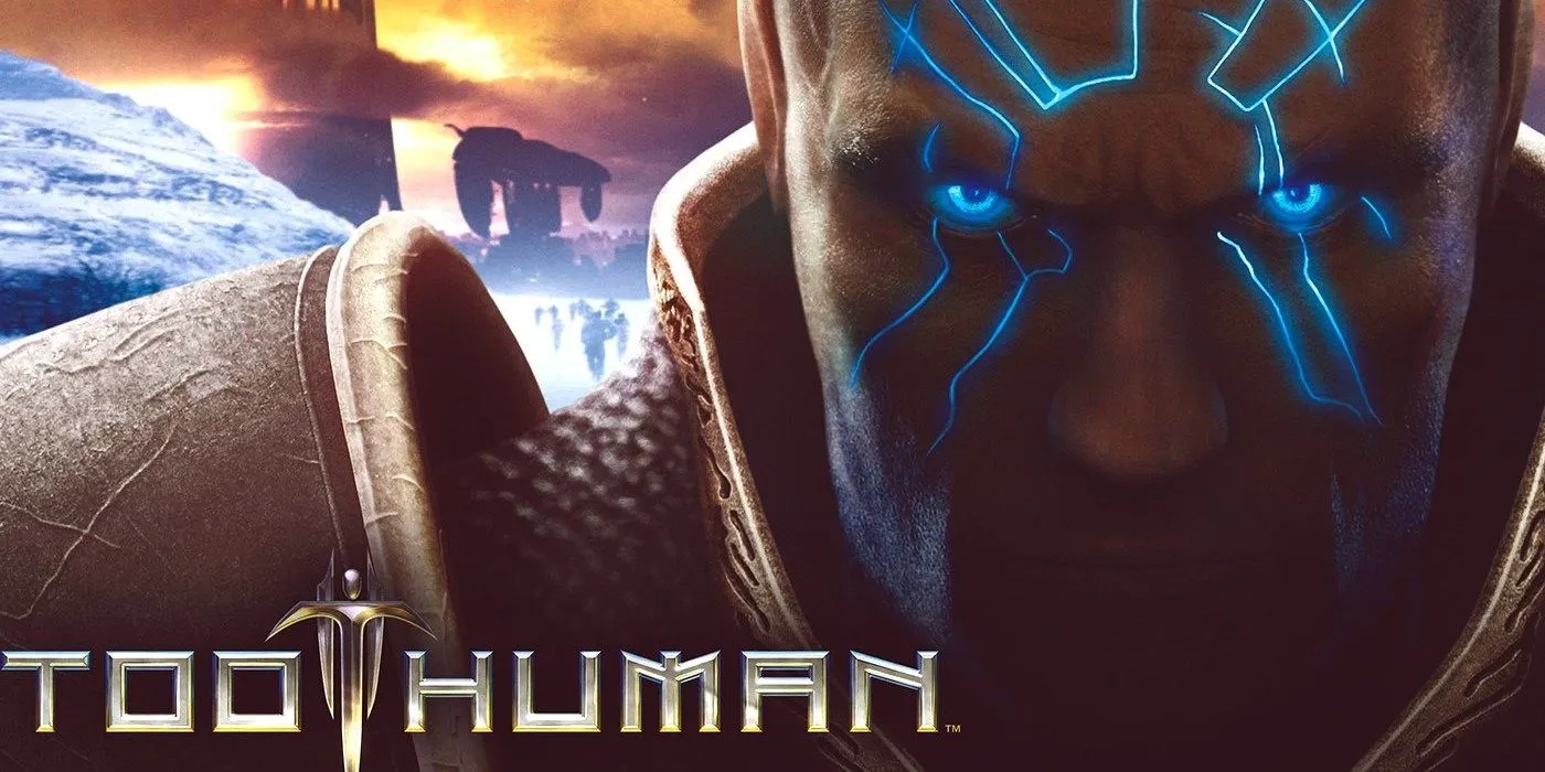 Bìa nghệ thuật game Too Human với nhân vật chính trong bộ giáp công nghệ cao