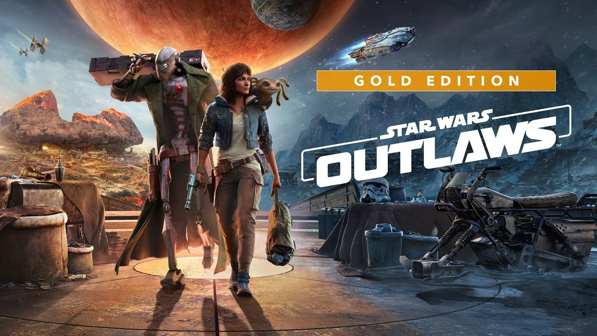 Bìa quảng cáo Star Wars Outlaws Gold Edition, minh họa xu hướng game có phiên bản cao cấp với đầy đủ nội dung