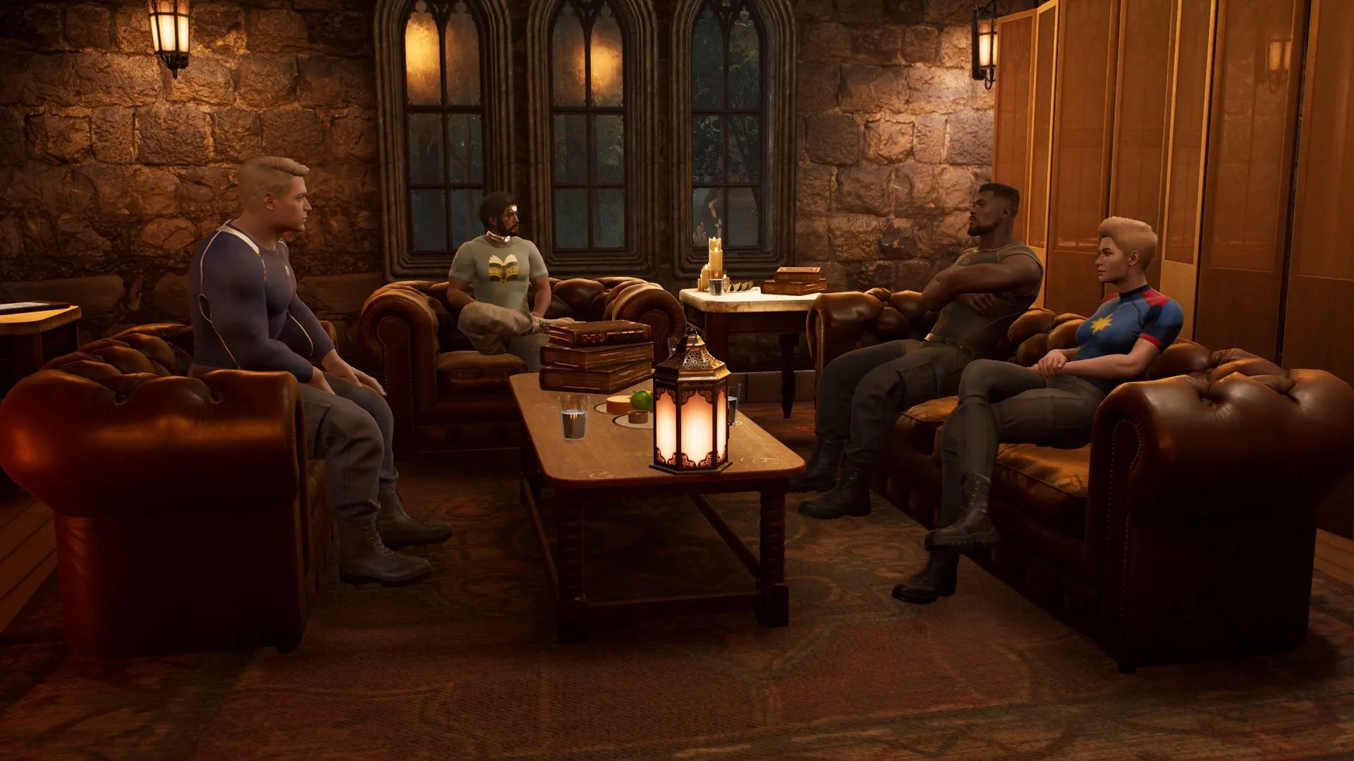 Blade, Captain America, Captain Marvel, và The Hunter đang đọc sách trong Marvel's Midnight Suns.