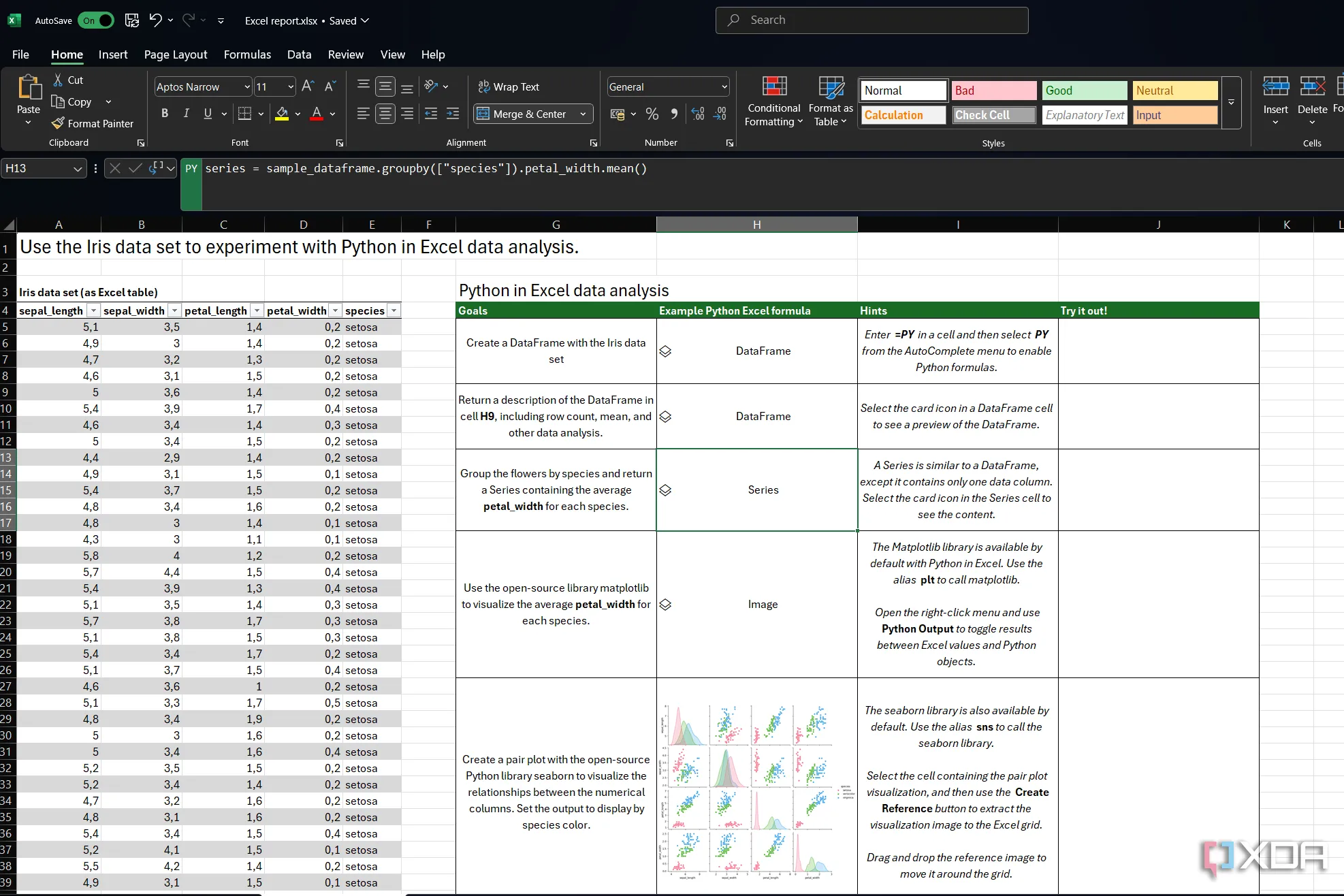 Bộ dữ liệu Iris mẫu được cung cấp bởi Microsoft trong Excel