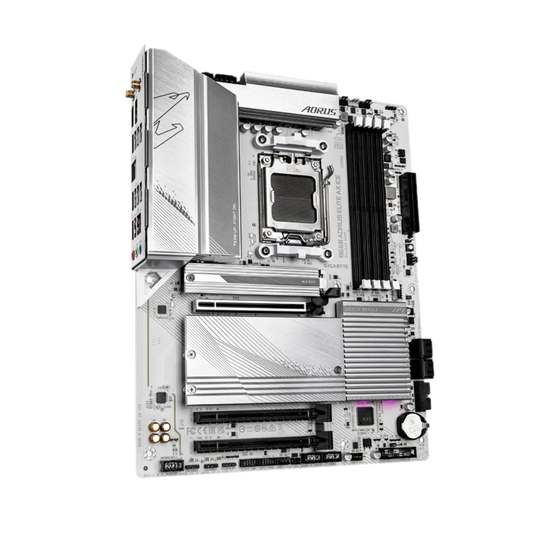 Bo mạch chủ Gigabyte B650 Aorus Elite AX ICE với thiết kế màu trắng hiện đại, cung cấp tính năng cần thiết cho nền tảng AM5 mà không quá đắt.