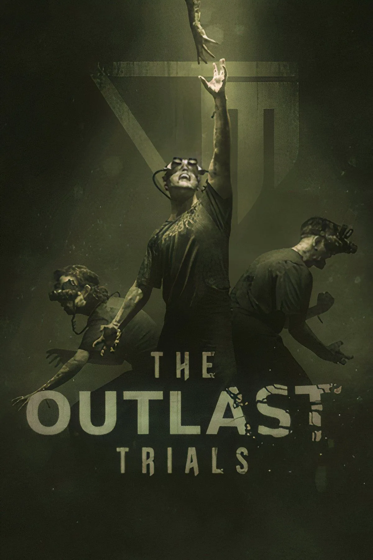 Bốn người chơi chạy trốn khỏi kẻ truy đuổi trong bối cảnh đáng sợ của The Outlast Trials.