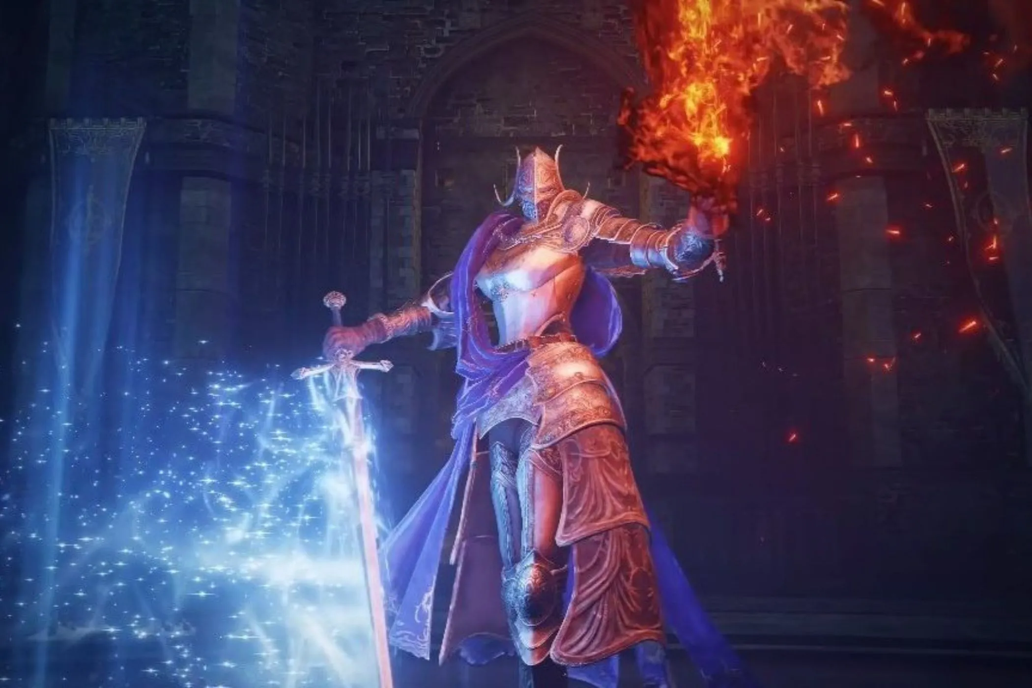 Boss Rellana, Twin Moon Knight trong Elden Ring Shadow of the Erdtree sử dụng kiếm lửa và phép thuật, tạo nên một trận đấu mãn nhãn và đầy kịch tính. Hình ảnh cho thấy sự kết hợp giữa sức mạnh vật lý và ma thuật.