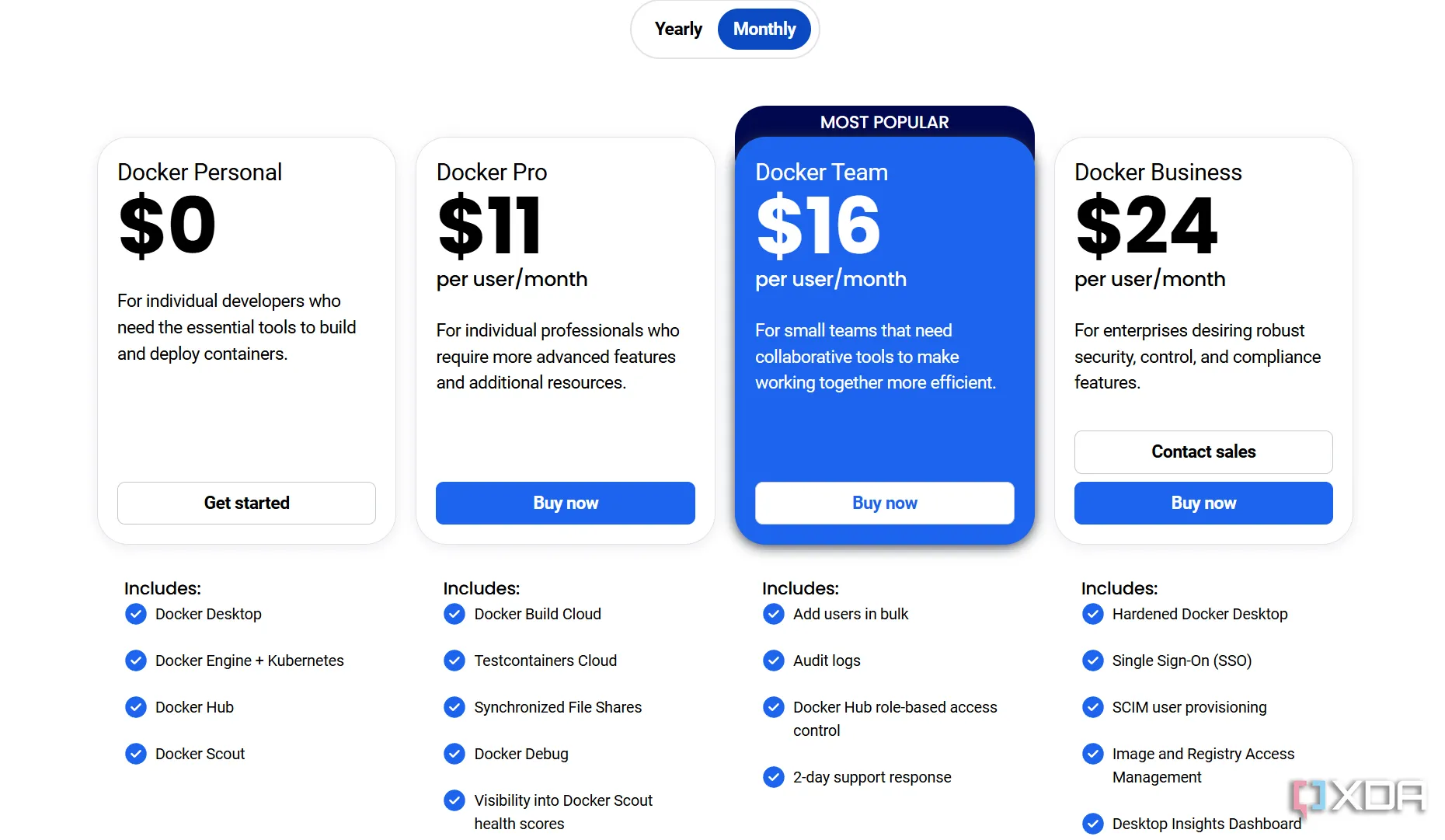 Các gói dịch vụ và chính sách giá của Docker, nhấn mạnh tùy chọn miễn phí cho cá nhân