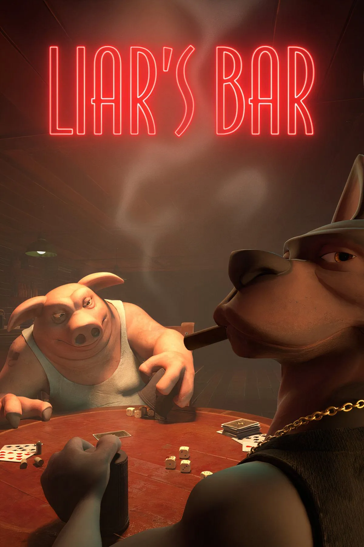Các nhân vật nhân hóa đang chơi bài trong quán bar u ám của tựa game Liar's Bar, nơi sự lừa dối là chìa khóa