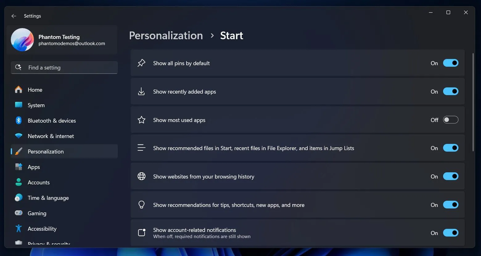 Cài đặt cá nhân hóa trong Windows 11 để tùy chỉnh hoặc tắt mục đề xuất trên Start Menu