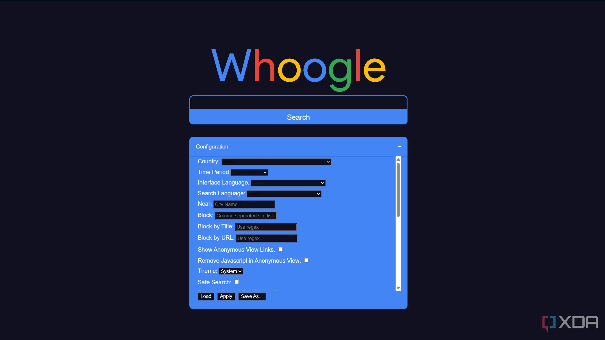 Cài đặt cấu hình Whoogle với các tùy chọn riêng tư
