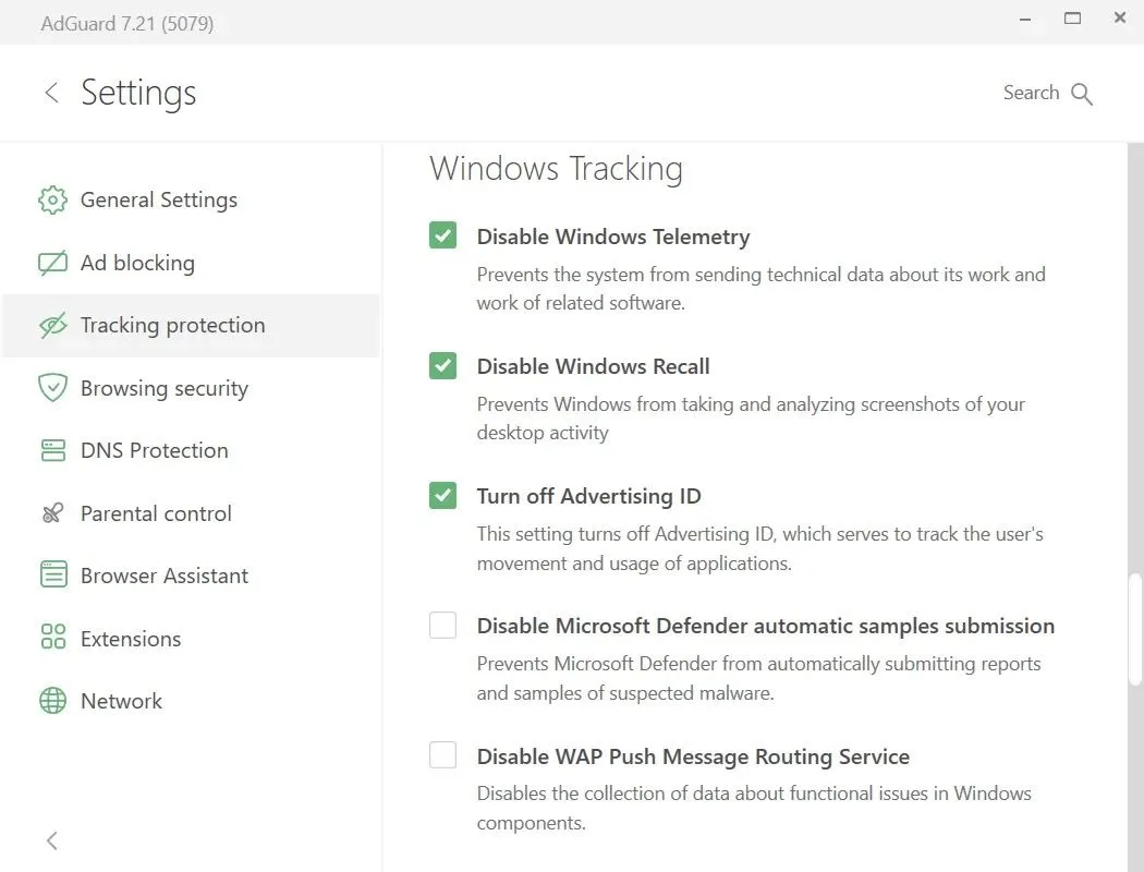 Cài đặt chống theo dõi của Windows trong AdGuard
