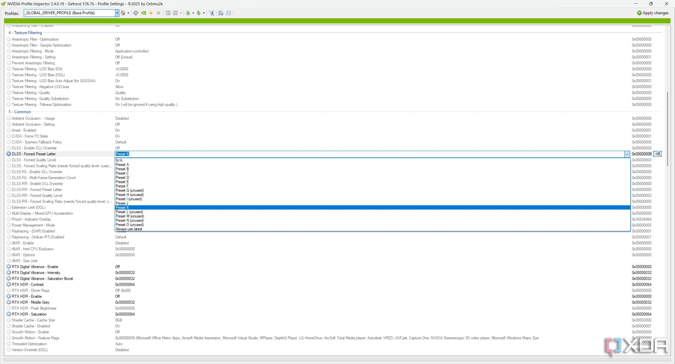 Cài đặt DLSS nâng cao trong Nvidia Profile Inspector, bao gồm tùy chọn ép buộc DLSS Preset