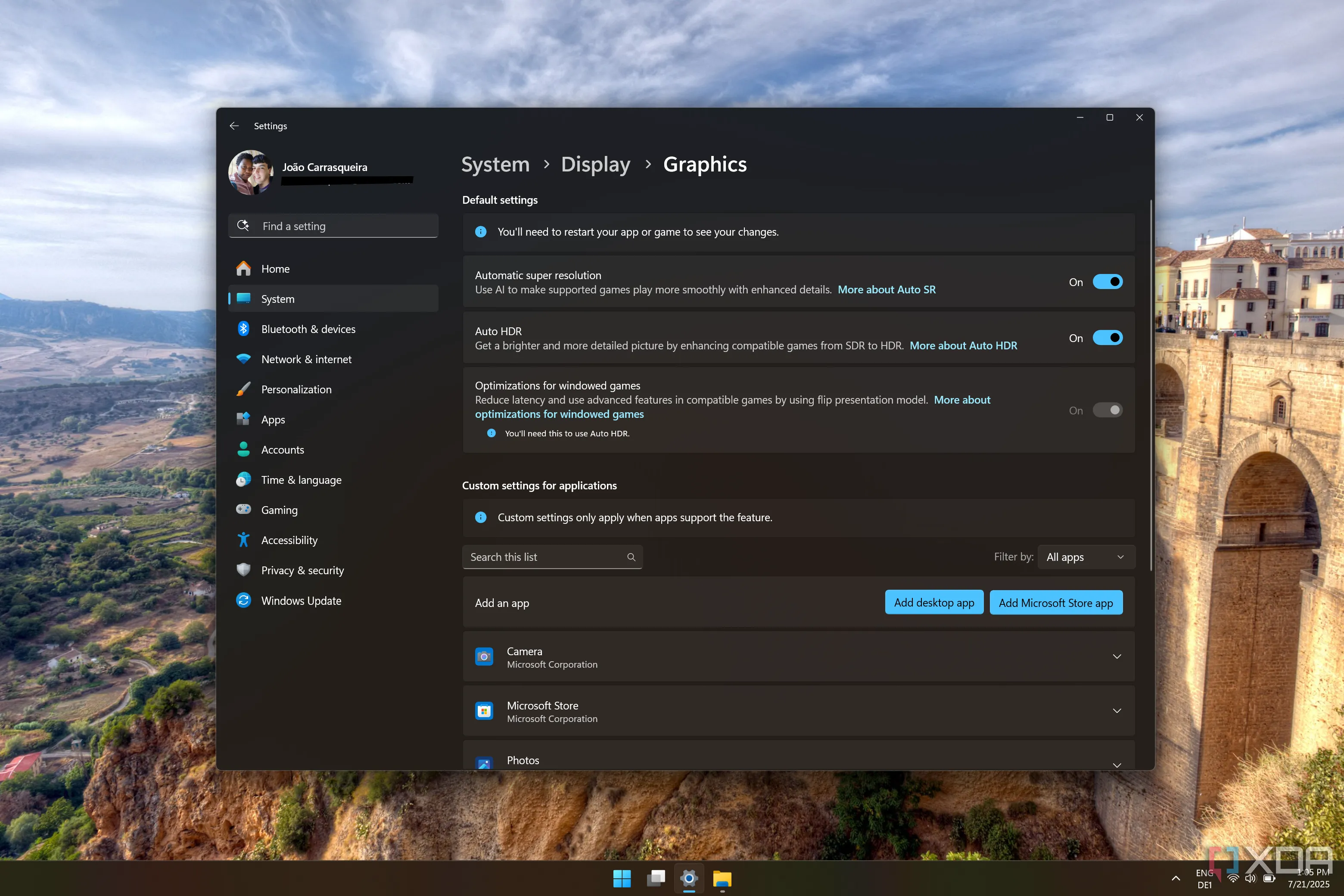 Cài đặt đồ họa trên Windows 11 cho thấy Auto HDR được bật