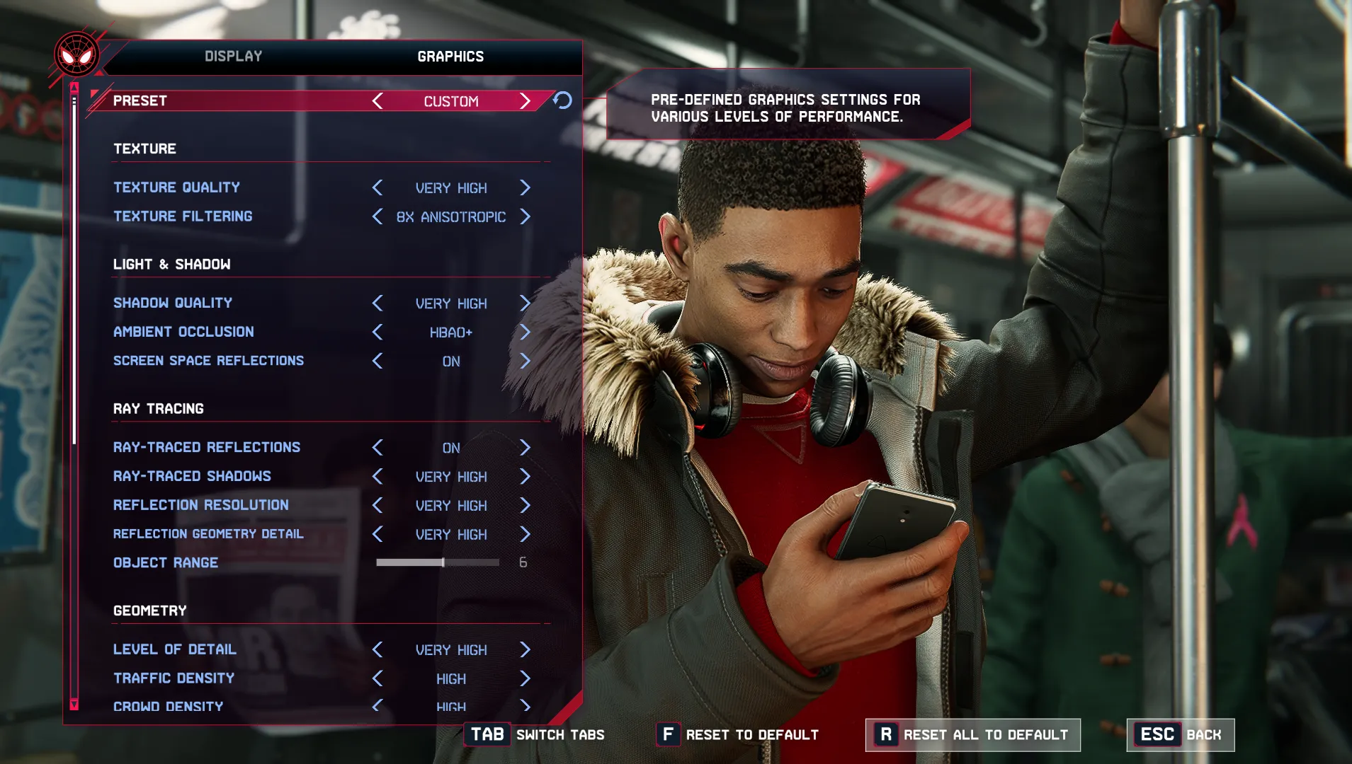 Cài đặt đồ họa trong game Spider-Man: Miles Morales, minh họa việc tinh chỉnh để tối ưu hiệu suất và FPS trên laptop gaming.