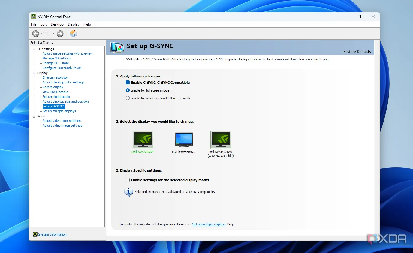 Cài đặt G-Sync trong Nvidia Control Panel trên Windows, hiển thị các tùy chọn cấu hình cho tính năng đồng bộ hóa tần số quét.