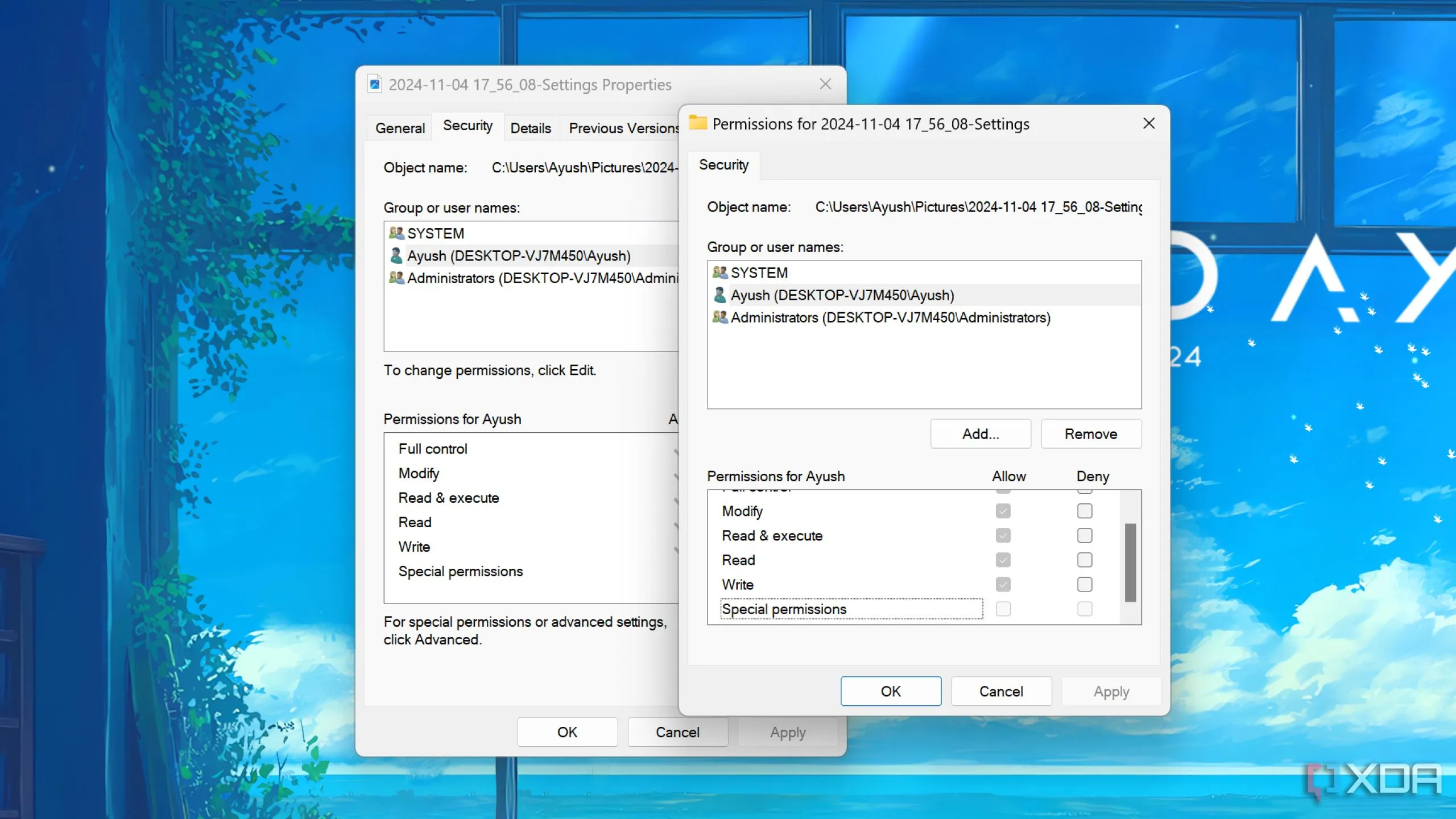 Cài đặt quyền hạn trong Windows 11 minh họa nguyên tắc đặc quyền tối thiểu