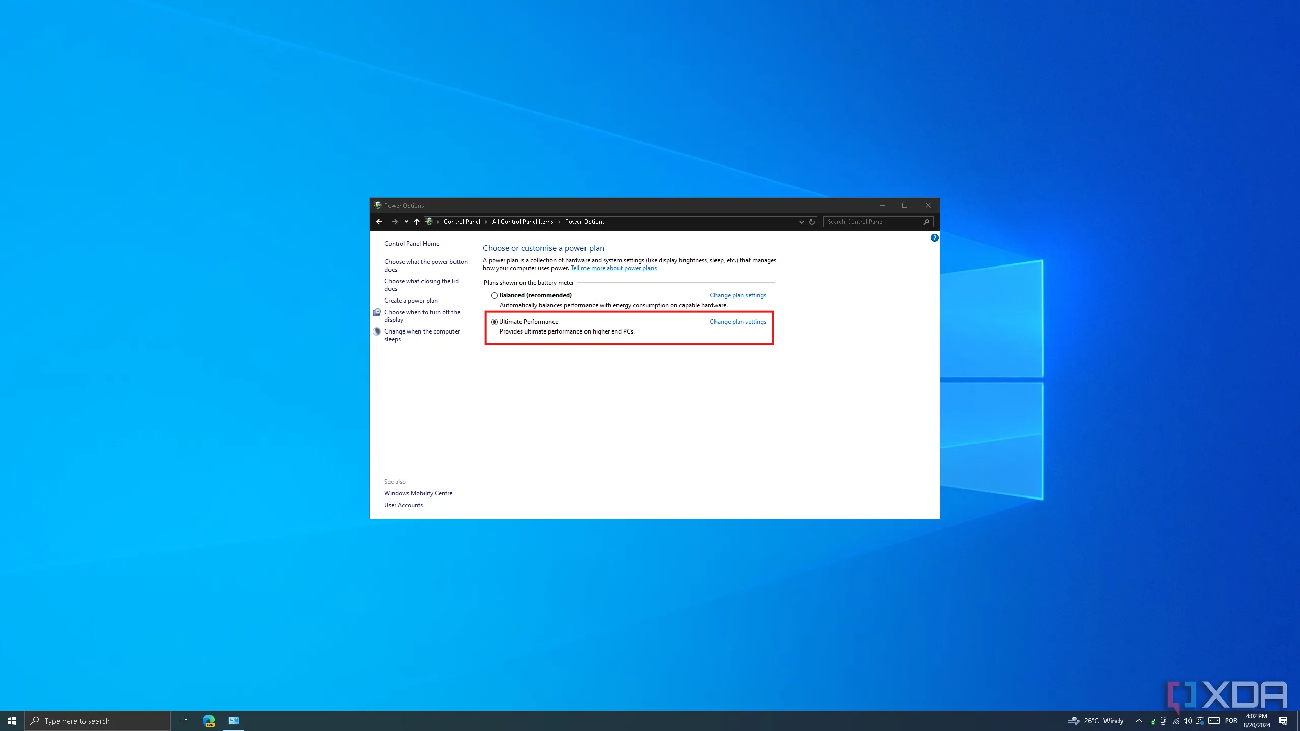 Cài đặt tùy chọn nguồn điện trong Control Panel của Windows 10 với chế độ Ultimate Performance được chọn