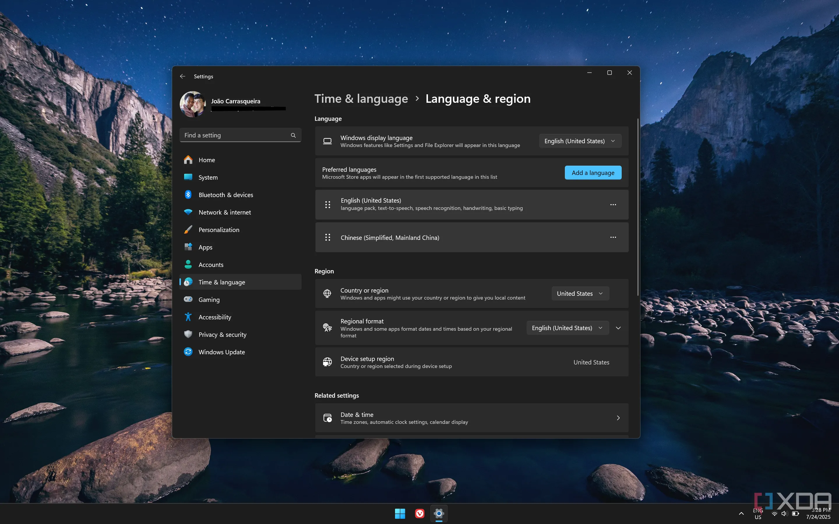Cài đặt vùng hiện tại trên Windows 11 hiển thị Hoa Kỳ là khu vực thiết lập thiết bị