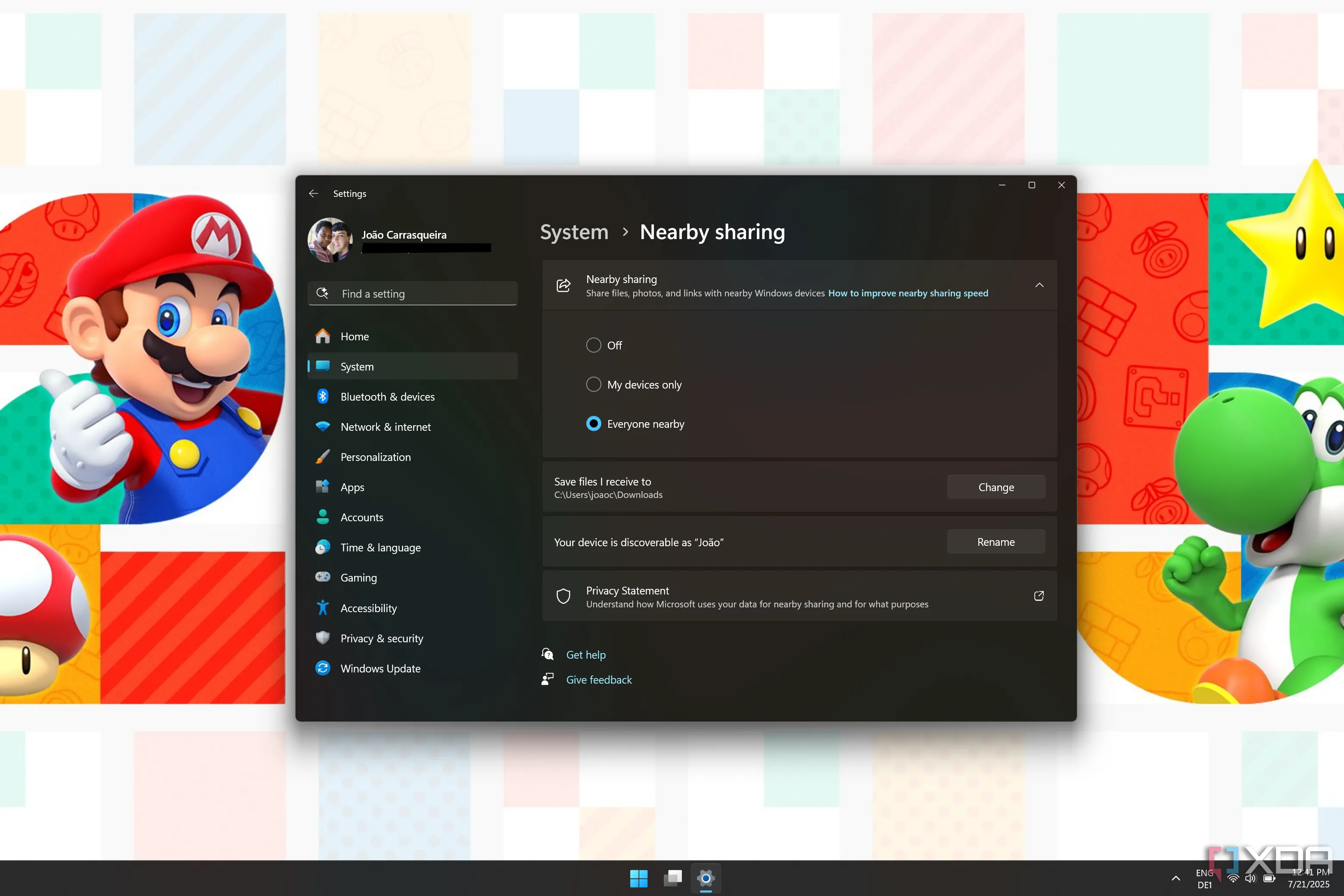 Cài đặt Windows 11 hiển thị Chia sẻ lân cận đã được bật