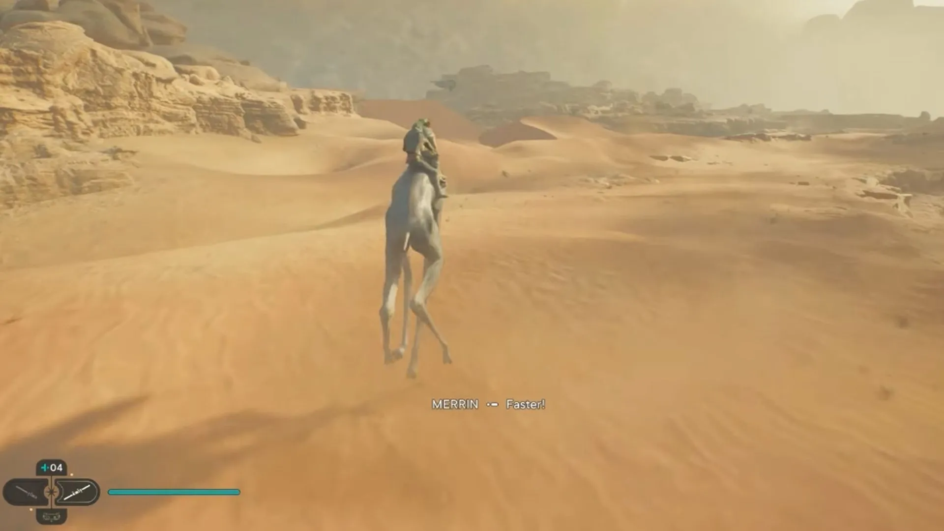 Cal Kestis cưỡi thú di chuyển qua sa mạc Jedha rộng lớn trong Star Wars Jedi: Survivor.